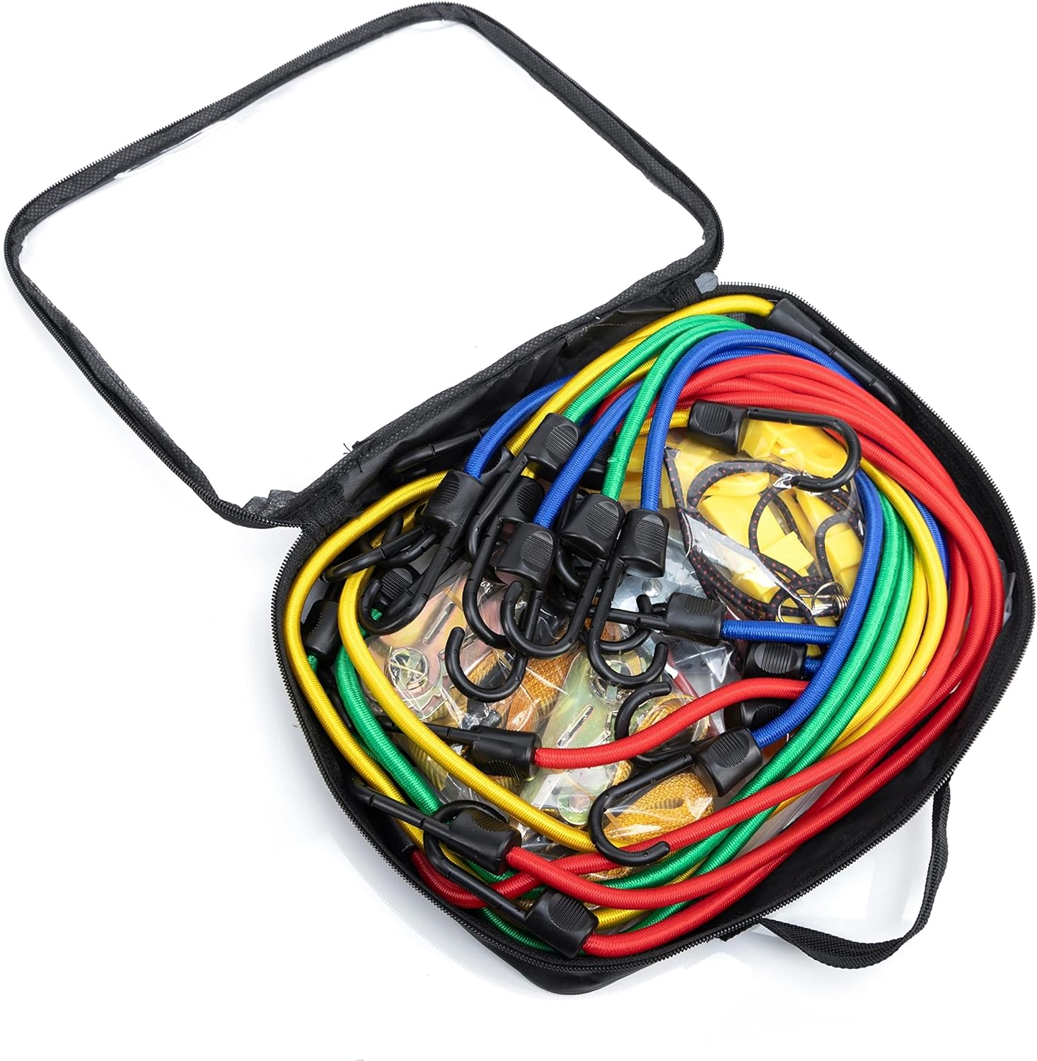 TOOLUXE 50888L Bungee Cords Kit, 36pc Assorted Bungee Cord Hooks Set, Large & Small Loop Rope with Hooks, Outdoor Canopy Ties, Ratcheting Straps, Steel Spring Clamps, Plastic Alligator Tarp Clips