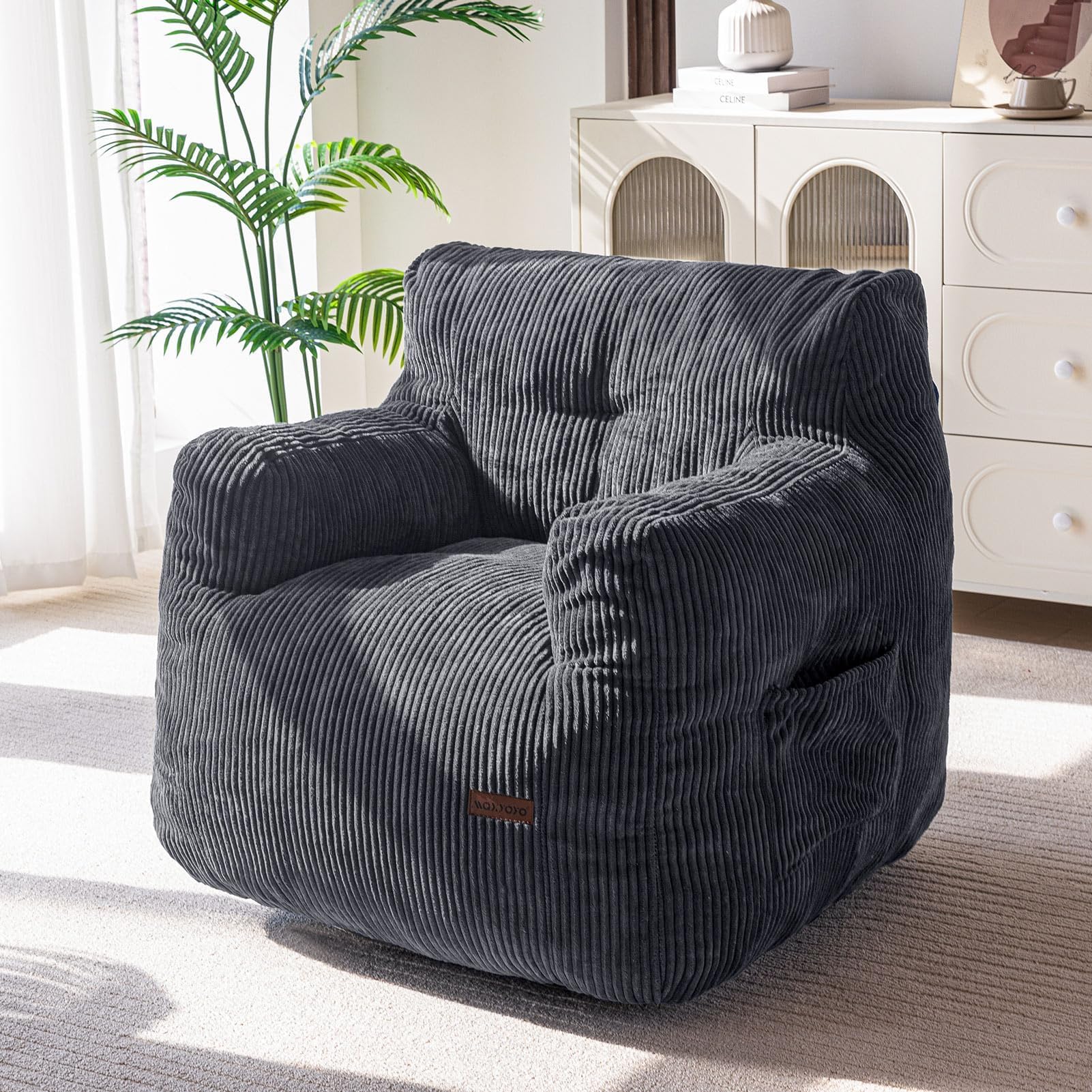 MAXYOYO Bean Bag Chair, Tufted Bean Bag Lazy Chair, Living Room Sofa with Filler for Adult Teens Kids, Corded Fabric Accent Sofa Chair for Bedroom