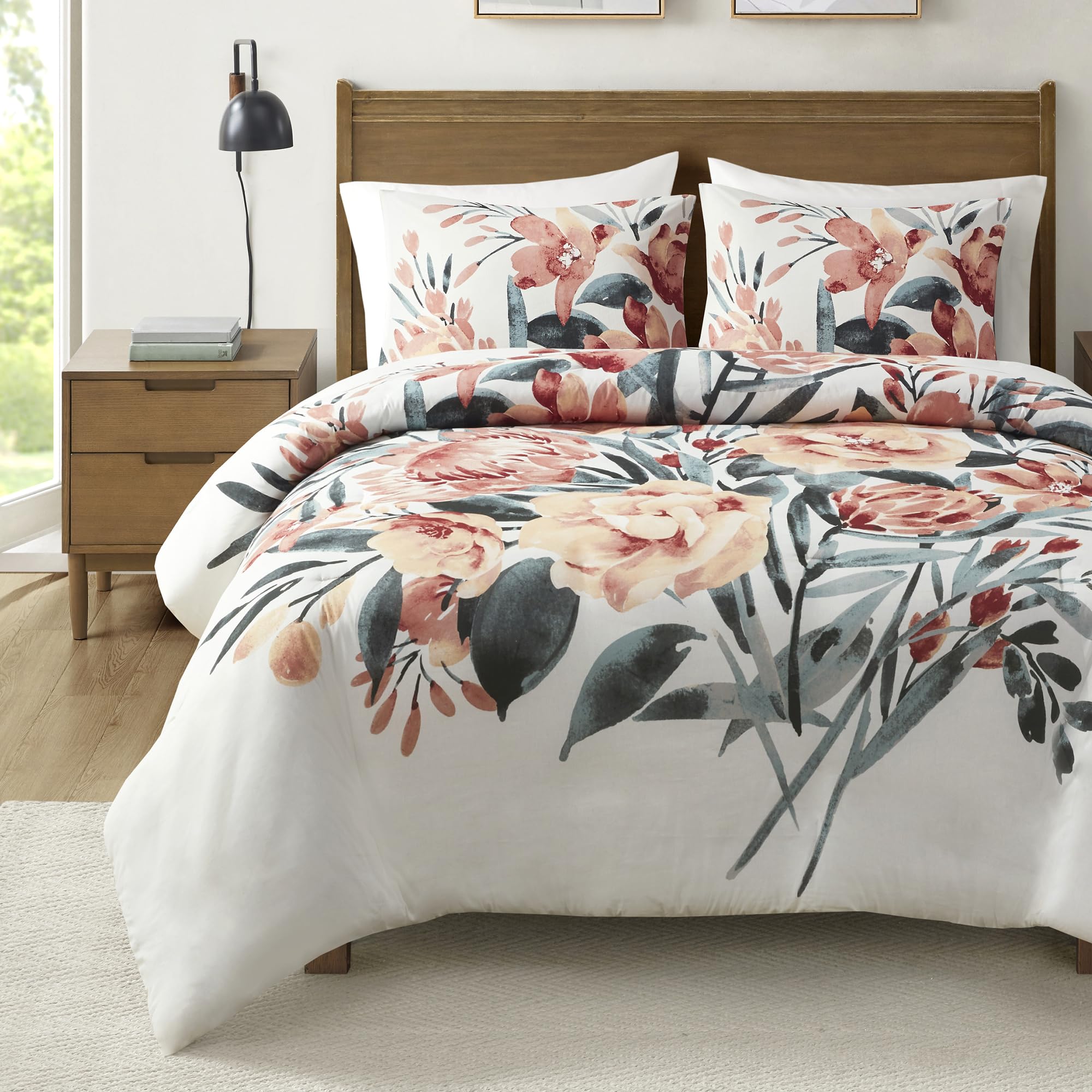 Madison Park King Duvet Cover Set, Floral Duvet Cover for King Size Bed Natural & Soft Cotton, Modern Shabby Chic All Season King Bedding Cover, Shams