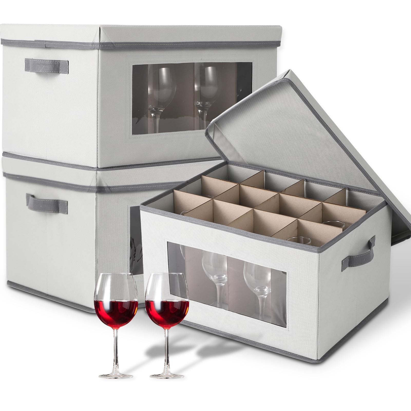 Garvee 3 Pack Wine Glass Storage Boxes with Dividers, 12-Compartment Stemware Organizers with Lid, Handle & Clear Window, China Storage Containers for Glassware, Wine Glasses, Drinkware, Grey