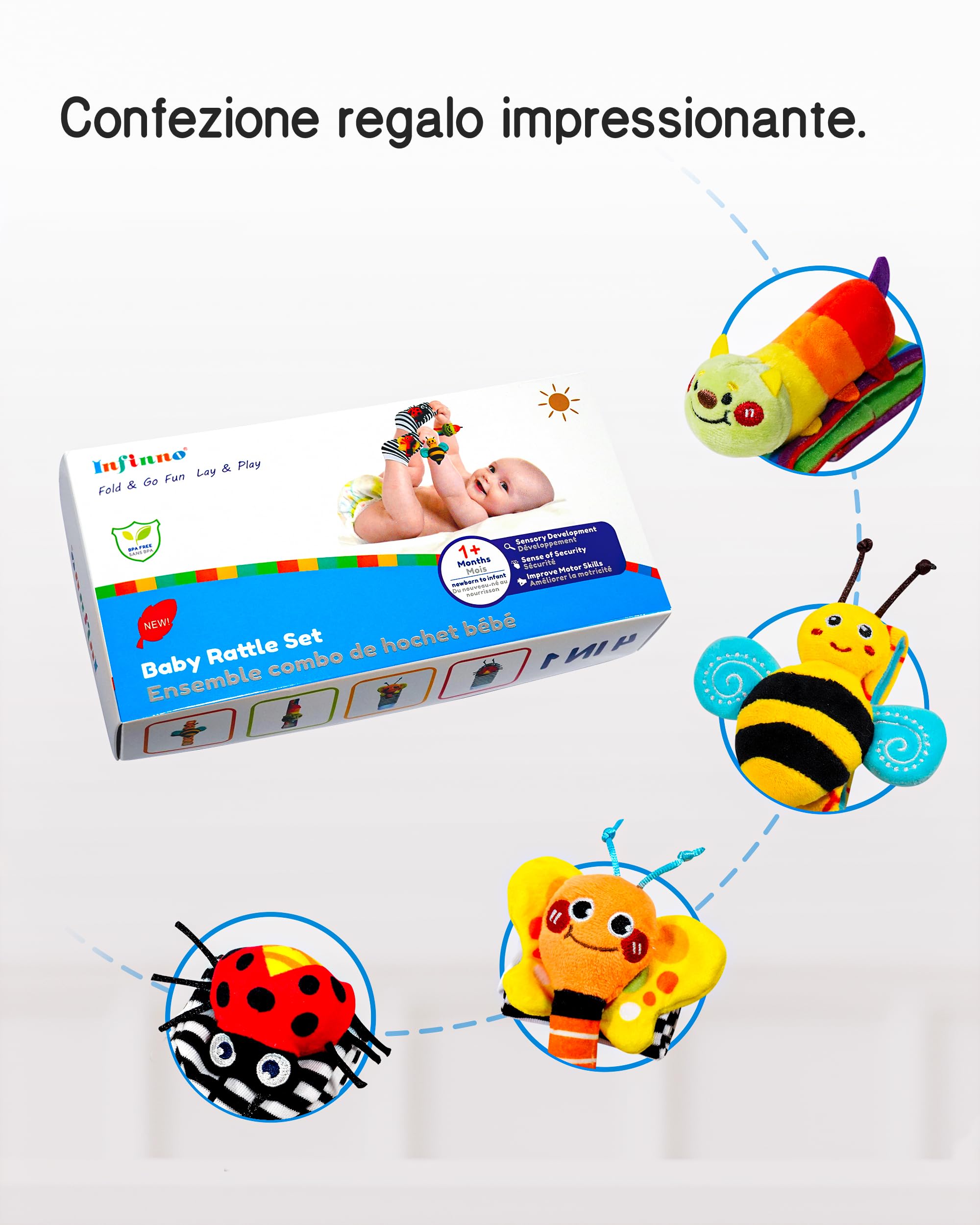 Infinno Giochi Neonato Calzini Sonaglio Sensoriali, Stimola l'esplorazione Sensoriale, Suono Chiaro e Dimensioni Adeguate, Giocattoli Educativi per Neonati 0-12 Mesi