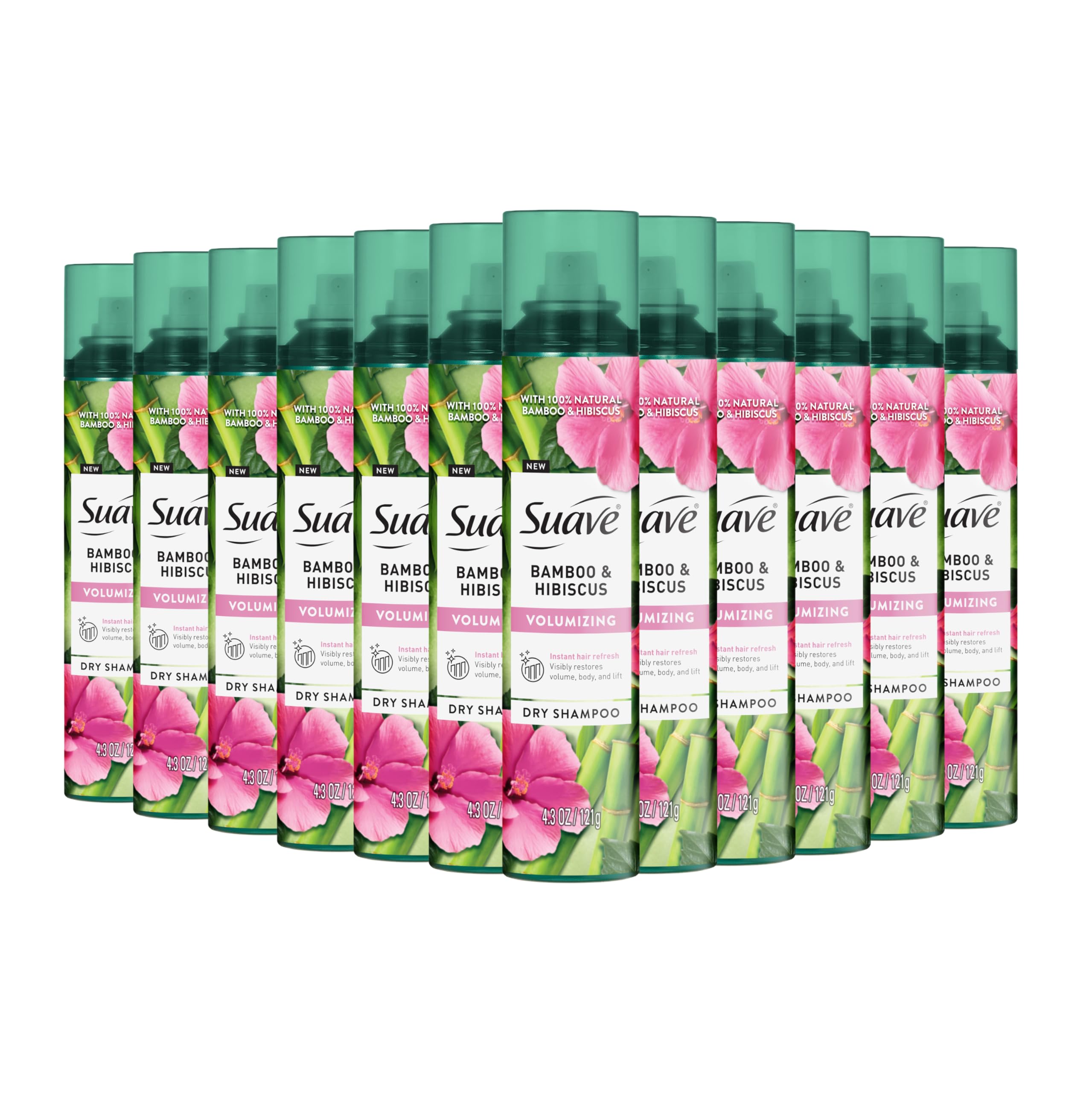 Suave Bamboo & Hibiscus Volumizing Dry Shampoo, Infused with 100% Natural Ingredients for Visibly Restoring Hair Body & Lift, 4.3 oz, 12 Pack