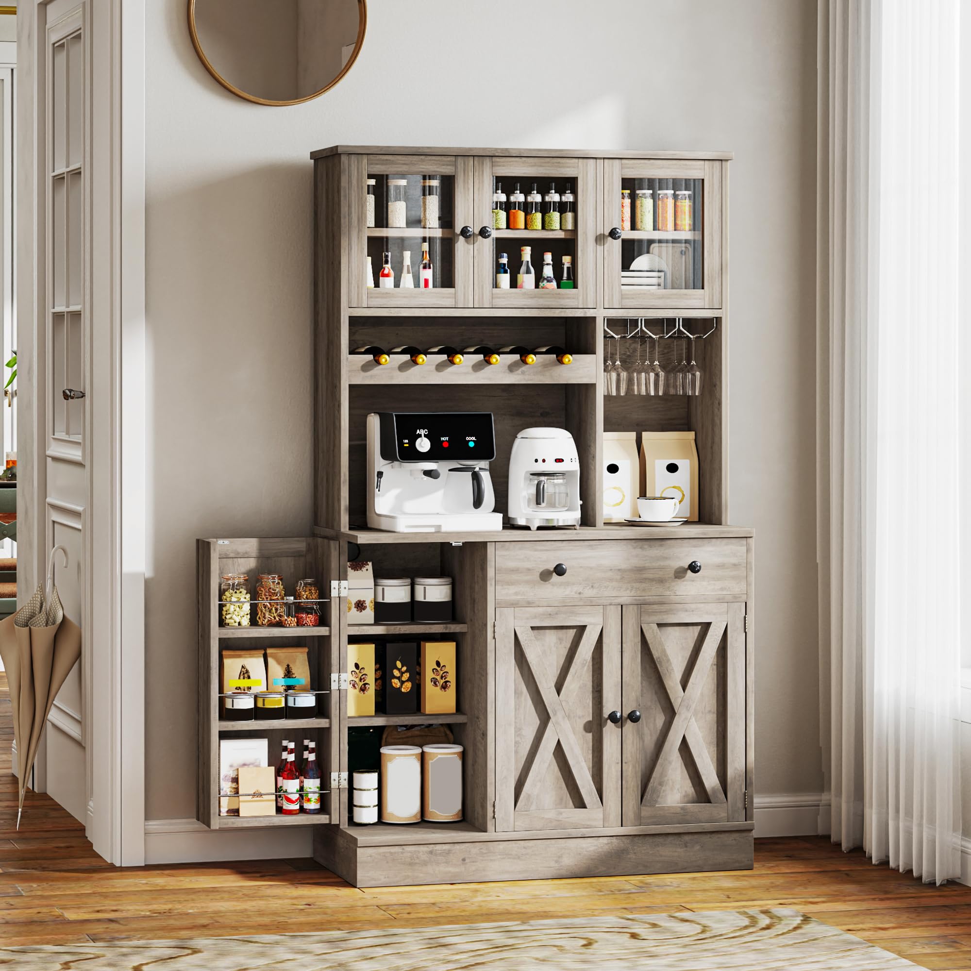 YITAHOME Kitchen Pantry Cabinet with Wine Rack & Power Outlet, 71" H Tall Storage Cabinet with Doors, Shelves, Drawer, Goblet Holder for Kitchen &