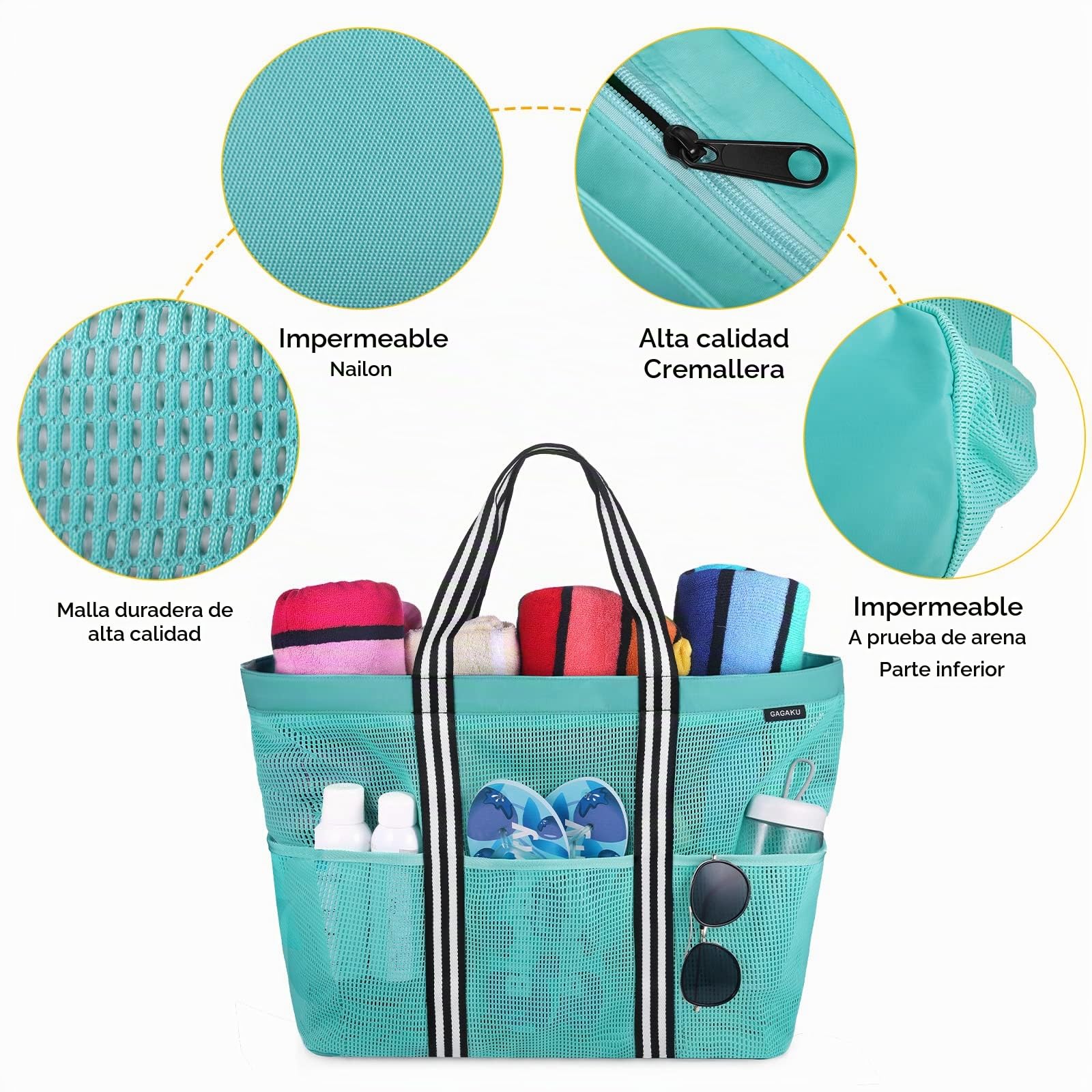 GAGAKU Bolsa de playa XXL/3XL con compartimento frigorífico, impermeable, con cremallera, plegable, grande, para familia, mujer, piscina, viajes