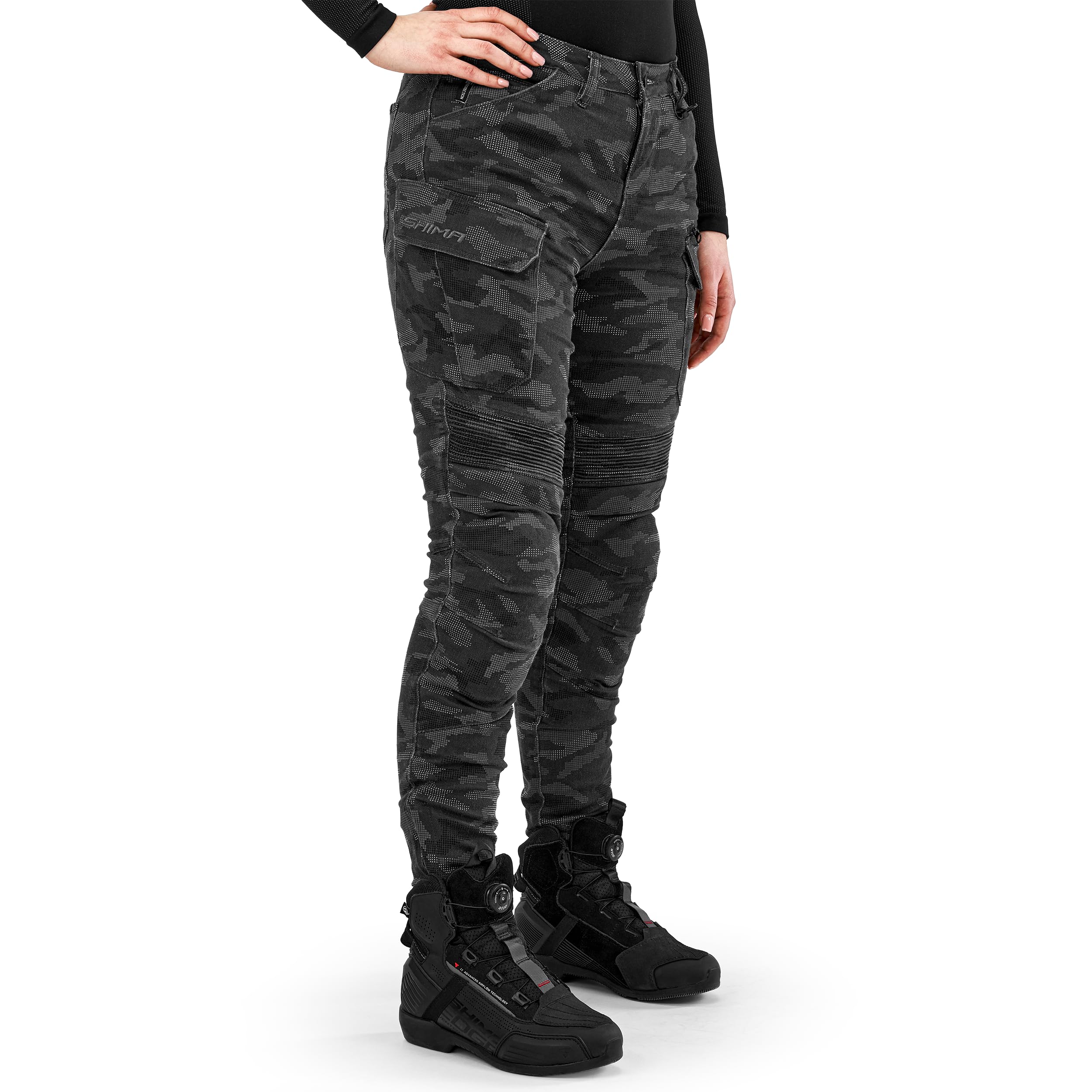 SHIMA Giro 3.0 Damskie spodnie motocyklowe Ochraniacze AirForce Homologowane obcisłe Tekstylia Cargo Urban Spodnie Ochronne Kolana Wentylowane Elastyczne Odzież Letnia (Damska, Camo, 24/30)