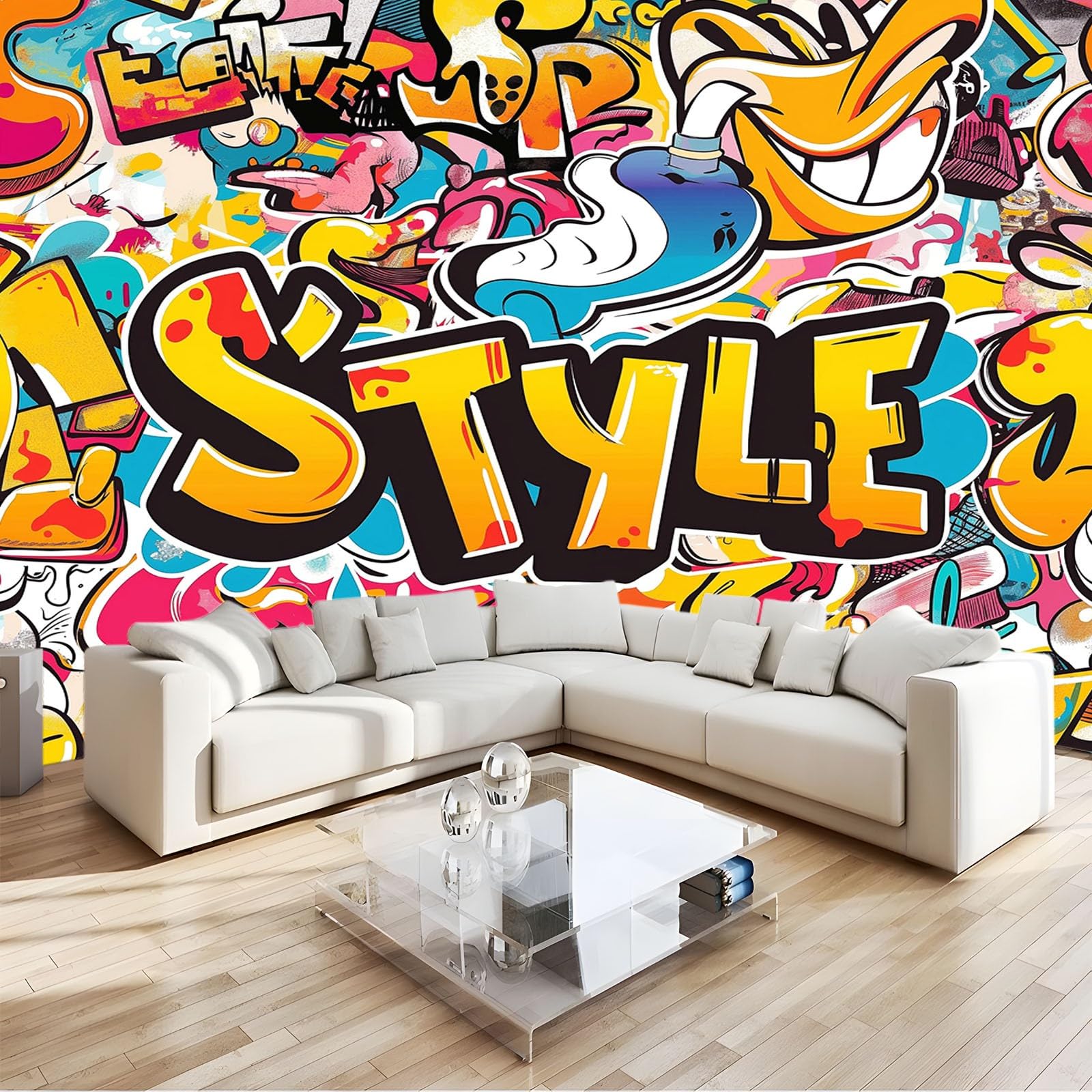 Carta da Parati Graffiti Lettere Colorate Cartoni Hip-Hop 300x210 cm Art Sfondo Murale Fotografica per Soggiorno Camera Ristorante Camera dei Bambini e Decorazione da Parete
