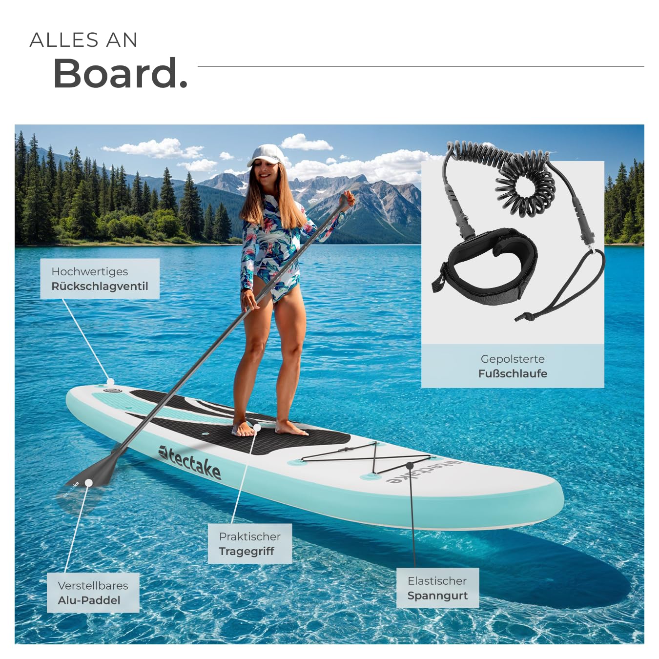 tectake® Stand Up Paddle Board, SUP aufblasbar, Standup, SUB mit Pumpe, Kajak Boot Sitz, Finnen, Rucksack, Doppelpaddel, Paddel, für Wassersport und Paddling, bis 200 kg belastbar - weiß/türkis