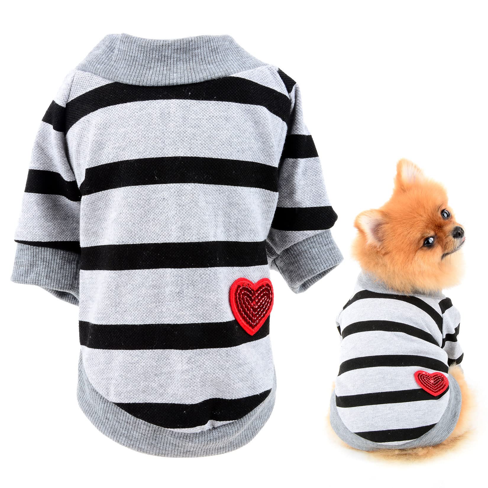 SMALLLEE_LUCKY_STORE Cotton Striped Shirt Puppy T-shirt Tee for Small Medium Dog Cat Boy Girl with Bling Red Heart Pet Summer Clothes Yorkie Chihuahua Apparel,Grey,L โ image 1