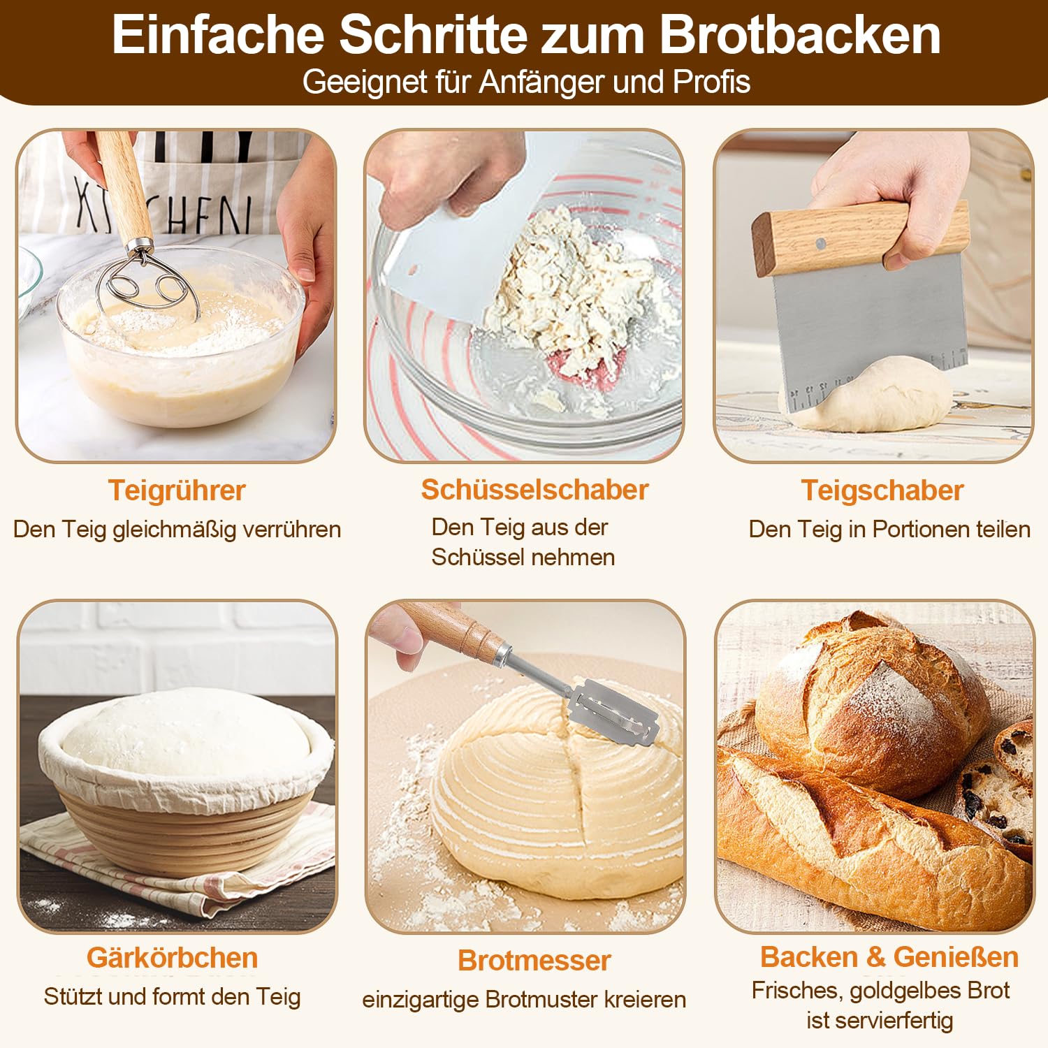 Komplettes Gärkörbchen Sauerteig Starter Set, 2 Gärkorb (25cm Ovale & 23cm Runde), 900ML Sauerteig Glas Set, Brotbackzubehör kit, Brot Backen Zubehör für Anfänger, Erfahrener Bäcker