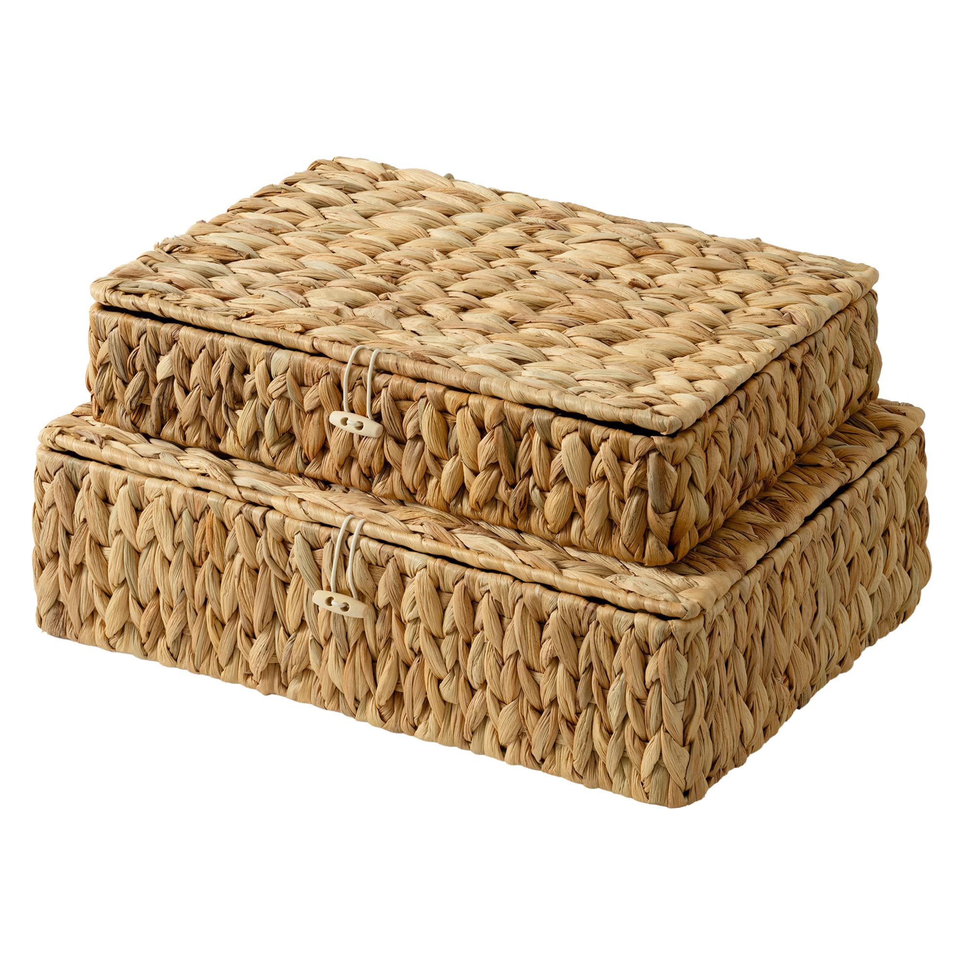 StorageWorks Wicker Basket with Lid, Flat Wicker Storage Boxes with Lids, Decorative Storage Boxes with Lids, Water Hyacinth Baskets for Organising, Woven Basket for Shelves