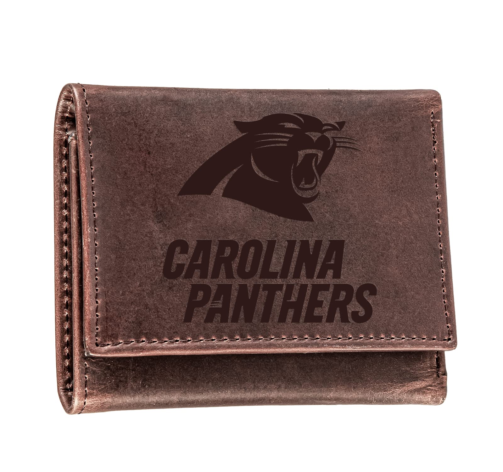 Team Sports America NFL Carolina Panthers Brown Wallet | Tri-Fold | Officially Licensed Stamped Logo | Made of Leather | Money and Card Organizer | Gift Box Included