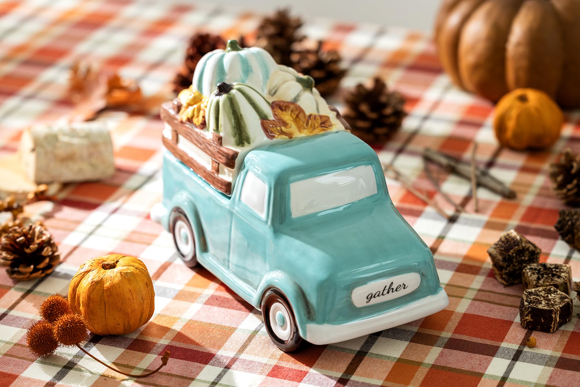 Gracie China Shop Fall Pumpkin Harvest Mint Green Truck Cookie Jar with Silicone Seal