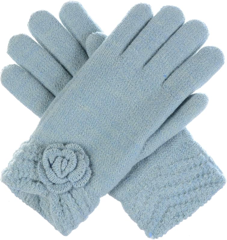 BYOS Women’s Winter Fashion Flower Cuff Warm Faux Fur Fleece Lined Knit Gloves
