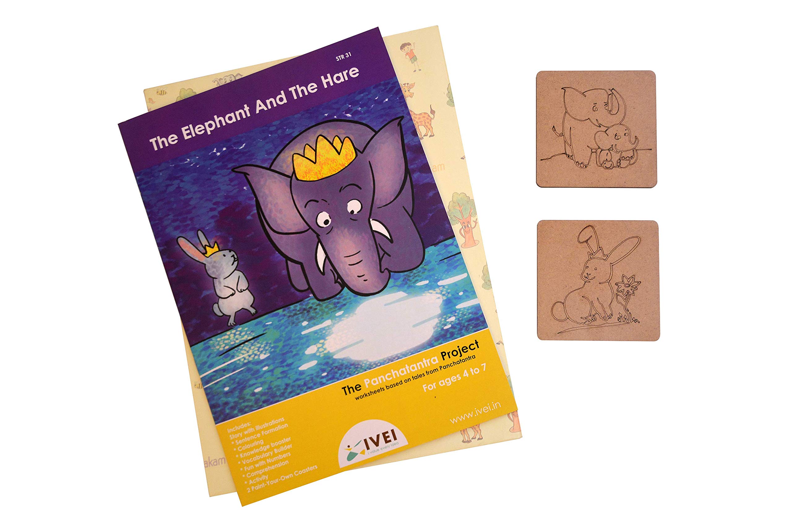 IVEI Panchatantra Story Kids Learning Book - Workbook and 2 DIY Coasters - Colouring Activity Worksheets - Creative Fun Activity and Education for Kids - The Elephant and The Hare (Age 4 to 7 Years) - Image 3 thumbnail
