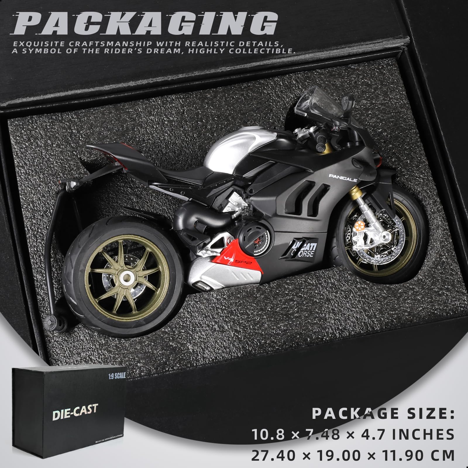 Risopen Odlew motocyklowy model 1:9, kompatybilny z Ducati Panigale V4 SP2, zabawka motocyklowa, zabawka motocyklowa 1:9, kolekcja prezentów dla dzieci i dorosłych (czarny)