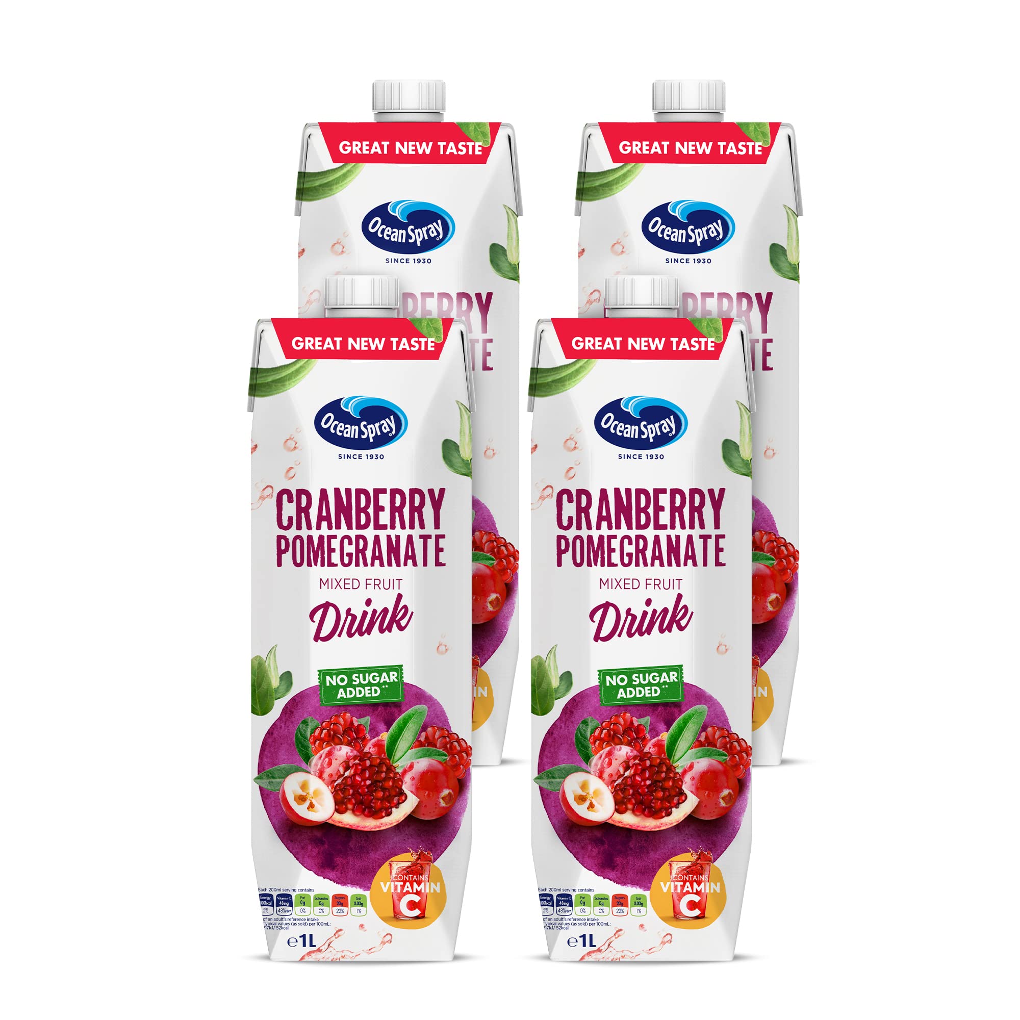 Ocean Spray Cranberry Pomegranate Mixed Fruit Drink No Sugar Added, 1 Litre (Pack of 4)