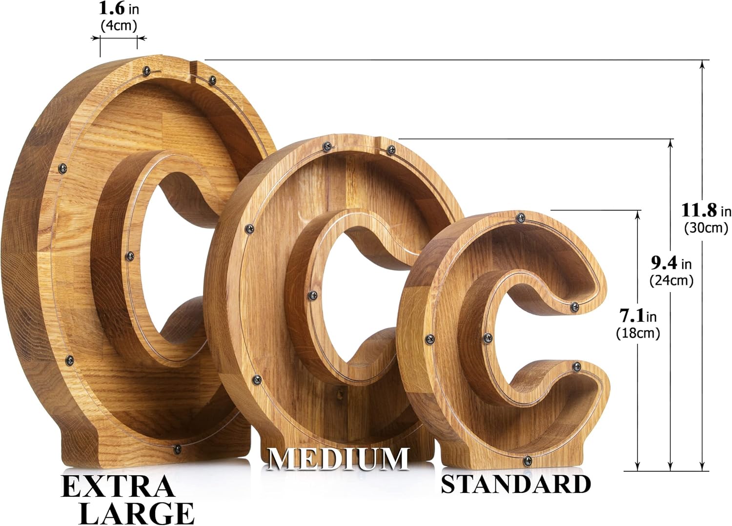 Personalized Wooden Piggy Bank LETTER for Boys Girls Adults - Durable Oak Wood Coin Banks 3 SIZES to Choose From - Kids Nursery Decor Engraved Money Box - Christmas Baby Shower Gift (Letter C)