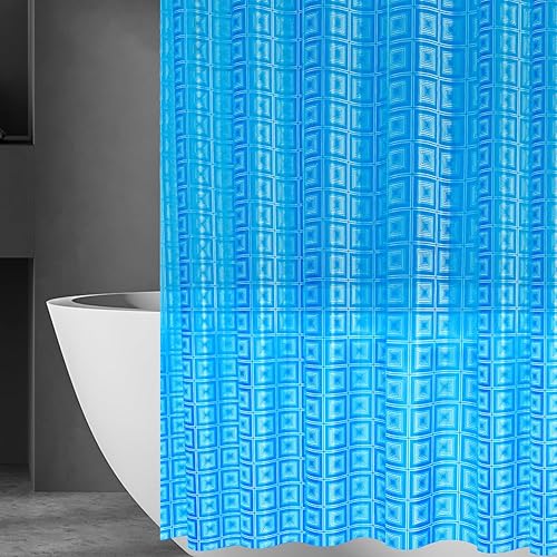 Forro de cortina de ducha de plástico geométrico azul EVA 3D, peso ligero de 72 x 72 pulgadas, forro de cortina de ducha azul con ojales de metal