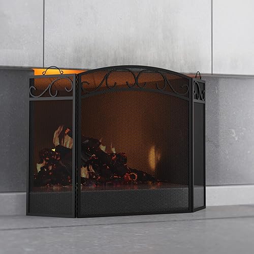 Fire Beauty Pantalla de chimenea 3 paneles con asas de hierro forjado 51 pulgadas (L) x31 (H) Cubierta protectora de chispas (negro)