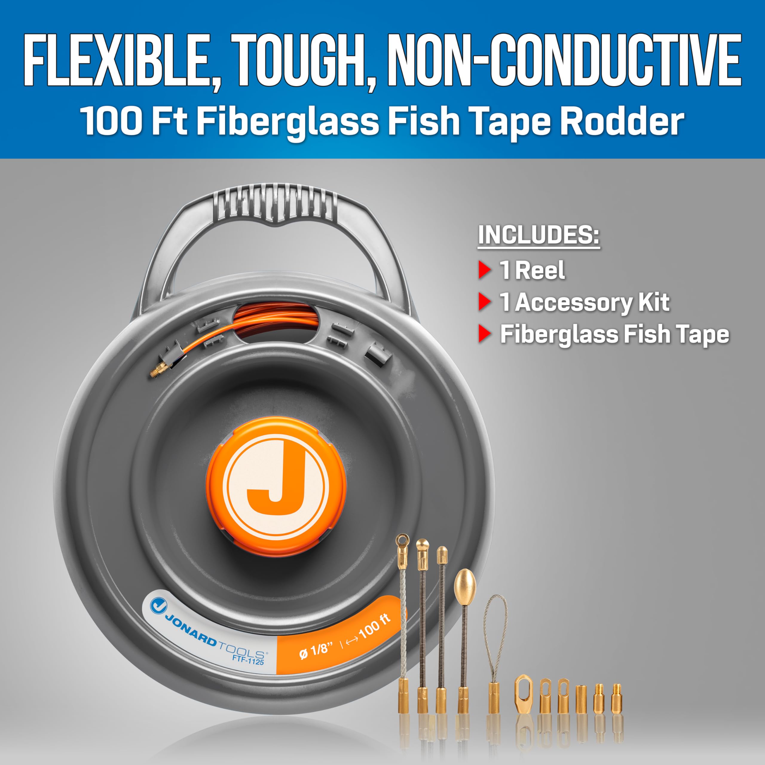 Jonard Tools FTF-1125 cinta de pescado de fibra de vidrio Rodder, 100 pies para empujar y tirar de fibra óptica y cable eléctrico