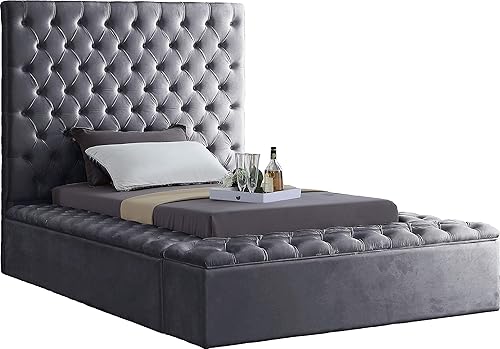 Miniatura 24 de Colección moderna Meridian Furniture Bliss, cama tapizada de terciopelo contemporánea con acolchonamiento de botón profundo y compartimentos de
