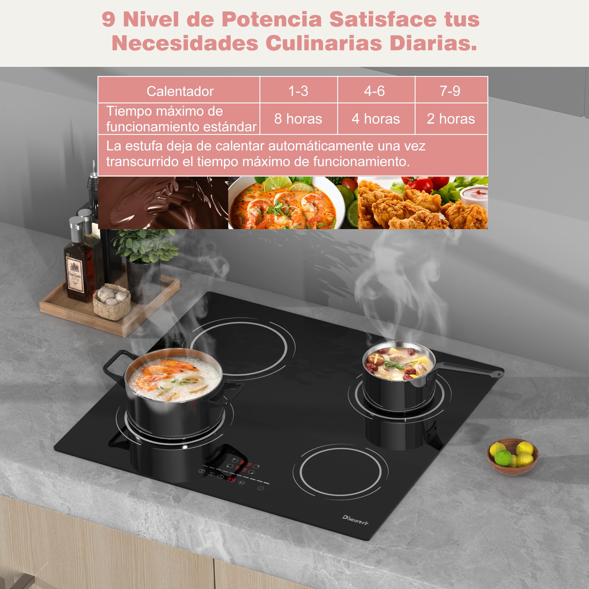 Placa Induccion 4 Fuegos 6400W, Placa de Inducción Integrada 4 Placas, Vitroceramica Induccion Flexible Zone, Función de Pausa, 9 Nivels, con Temporizador, Cerradura Infantil | Booster - Interruptor de seguridad para niños, temporizador, función de pausa,