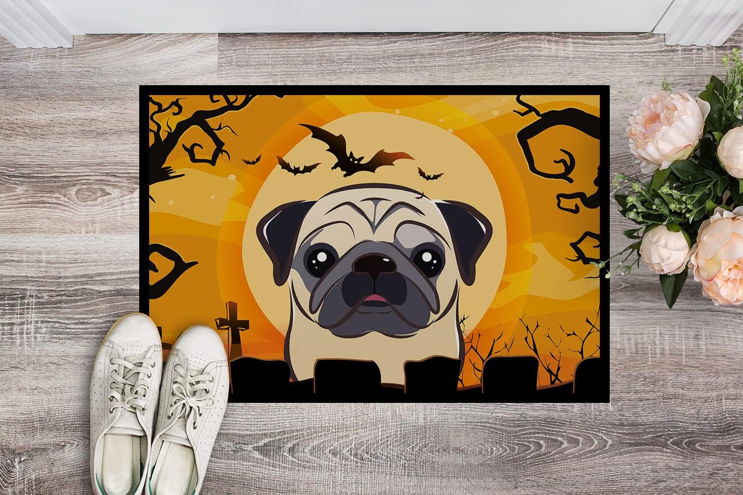 Caroline's Treasures BB1820JMAT Halloween Fawn Pug Doormat 24x36 Front Door Mat Indoor Outdoor Rugs for Entryway, Non Slip Washable Low Pile, 24H X 36W