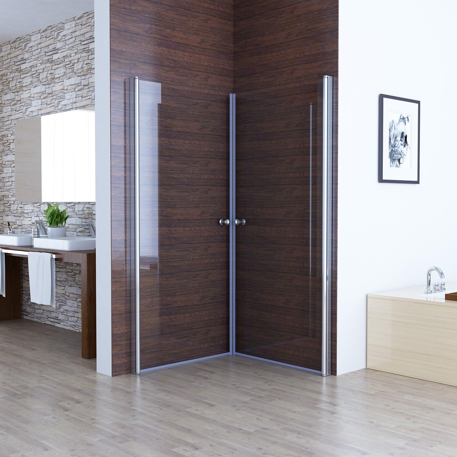 MIQU 90x75 x185cm Eckeinstieg Duschkabine mit 180° Schwenkbare Doppel Schwingtür, Pendeltür Duschwand ESG Glas Rahmenlos Duschabtrennung, Komplett Dusche ohne Duschwanne
