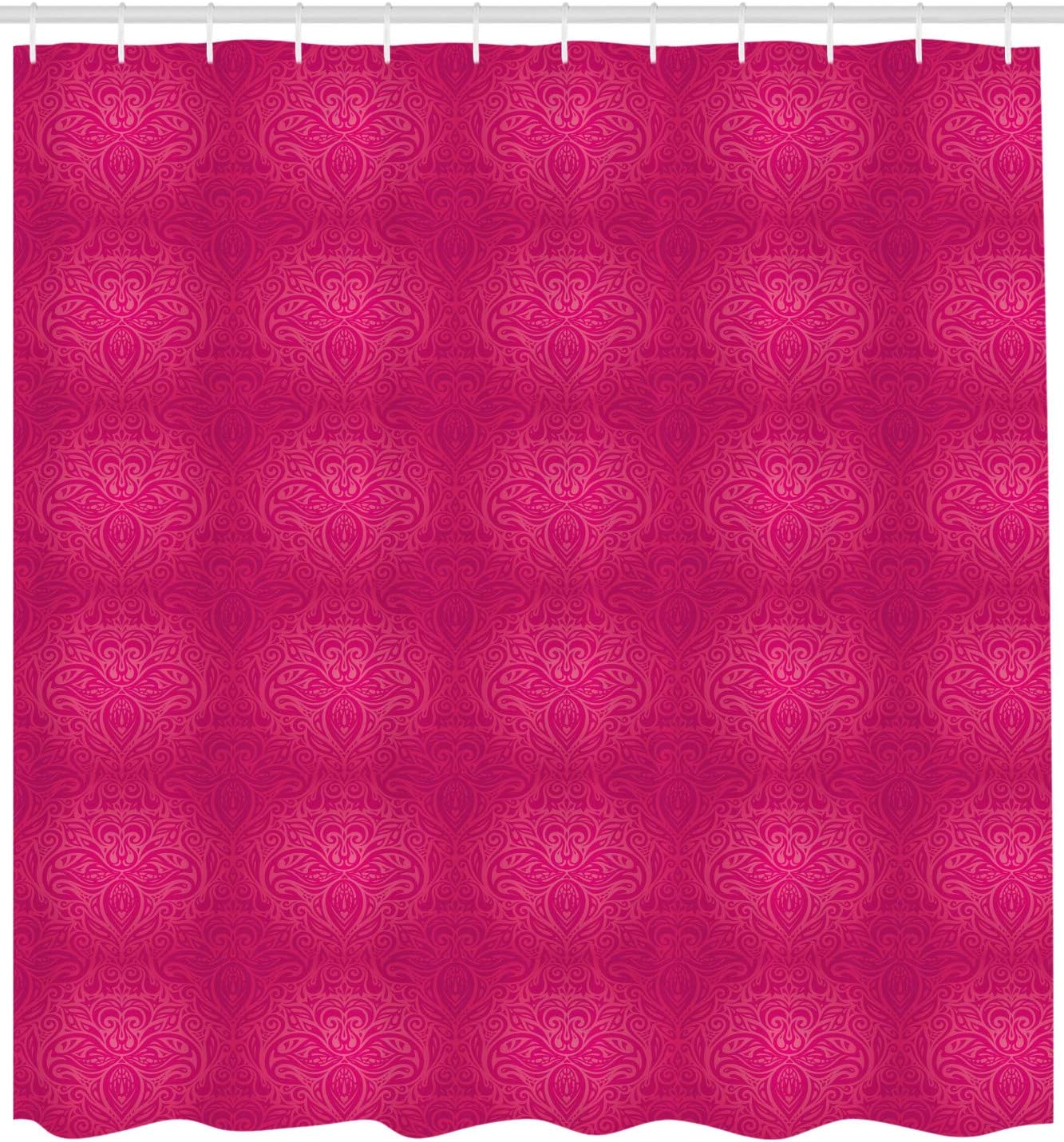 Ambesonne Victorian Shower Curtain, Vibrant Monochrome Illustration of Antique Floral Swirling Motif Pattern, Cloth Fabric Bathroom Decor Set with Hooks, 69" W x 84" L, Magenta Hot Pink