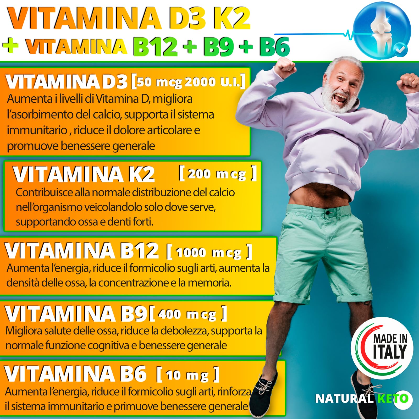 Vitamina d3 k2 2000UI - 200 Micro Compresse vit d3 k2 Arricchite con B12 e Acido folico. Supporto completo per ossa, muscoli ed energia - Integratore di Vitamina D senza glutine. Made in Italy