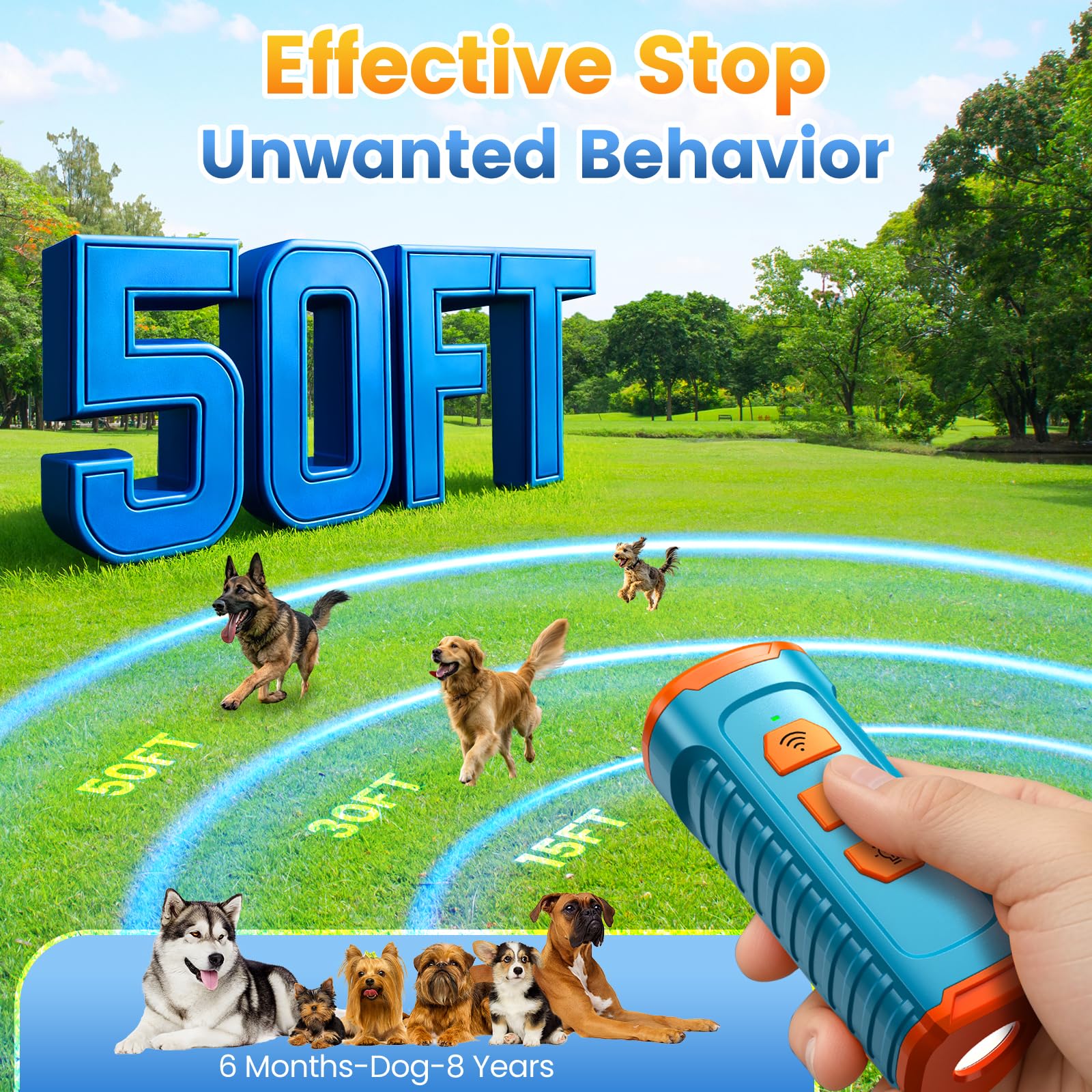 Cbersmg Dispositivo ultrasónico para evitar ladridos de perros vecinos, dispositivo antiladridos portátil para disuadir ladridos de perro, alcance de 50 pies, 5 modos, linterna y pitido seguro y