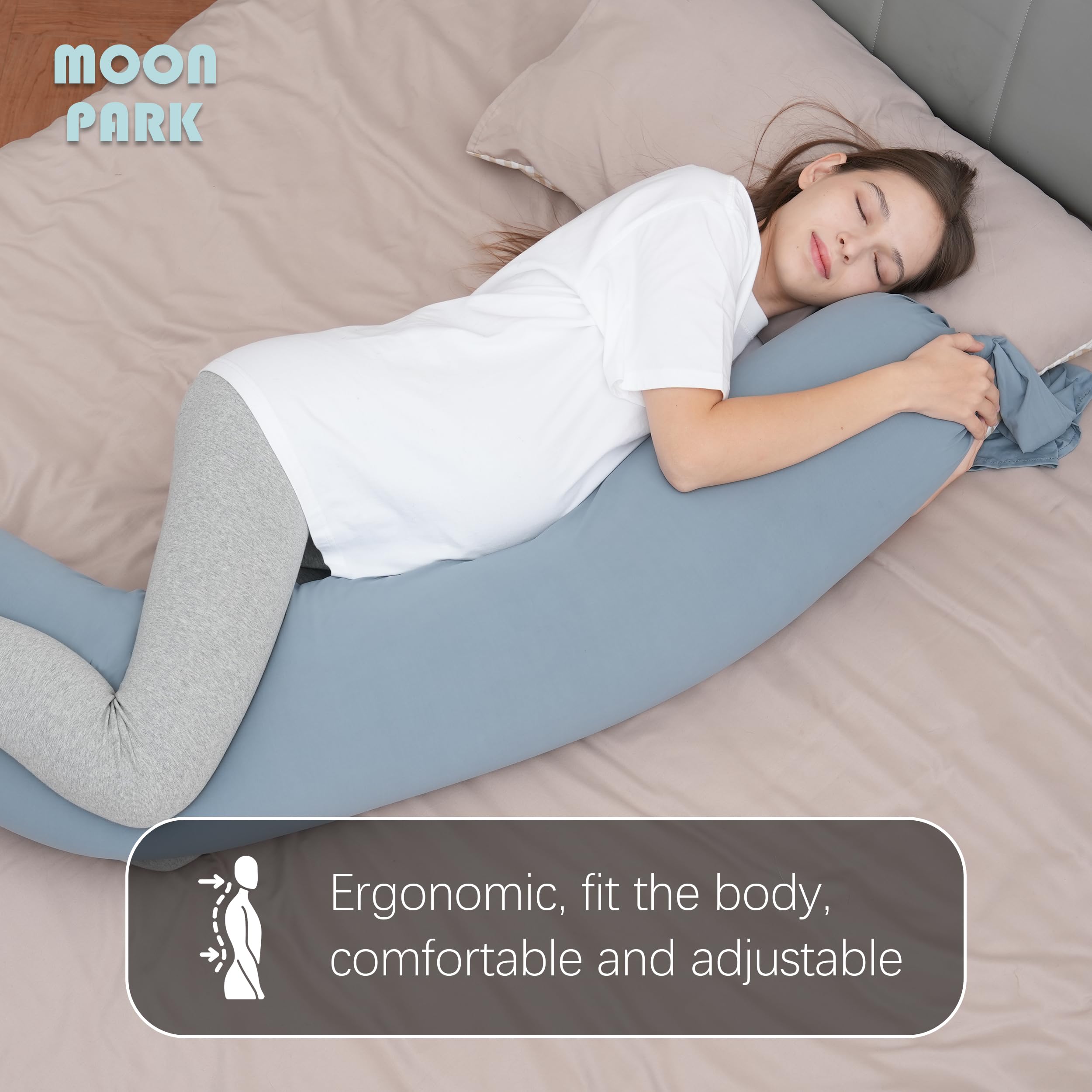 MOON PARK Pregnancy Pillow - Incredibly Smooth and Soft Cooling Cover I Shaped Full Body Maternity Pillow with Removable Cover - Support for Side, Back, Legs, Belly, HIPS - Grey