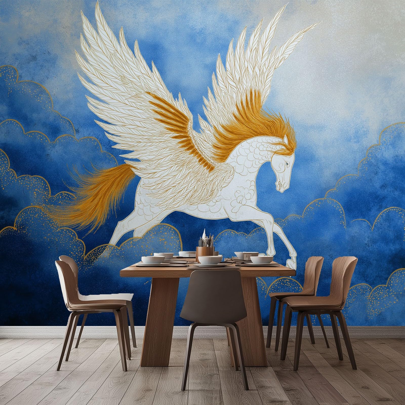 Nowoczesny mural ścienny fantasy 250 x 175 cm (szer. x wys.), zwierzę pegaz chmury tapeta mural na ścianę akcentującą do sypialni salonu lub przedpokoju - panoramiczna tapeta plakatowa
