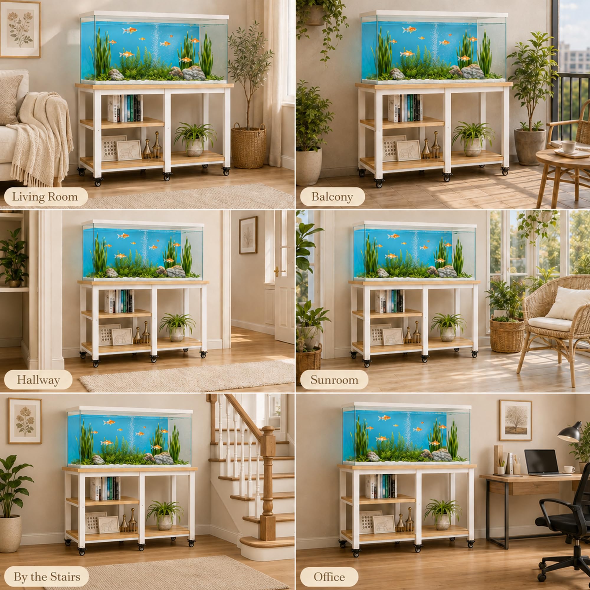 Supporto Acquario con Ripiani, 300 kg, Mobile Acquario con 6 Ruote
