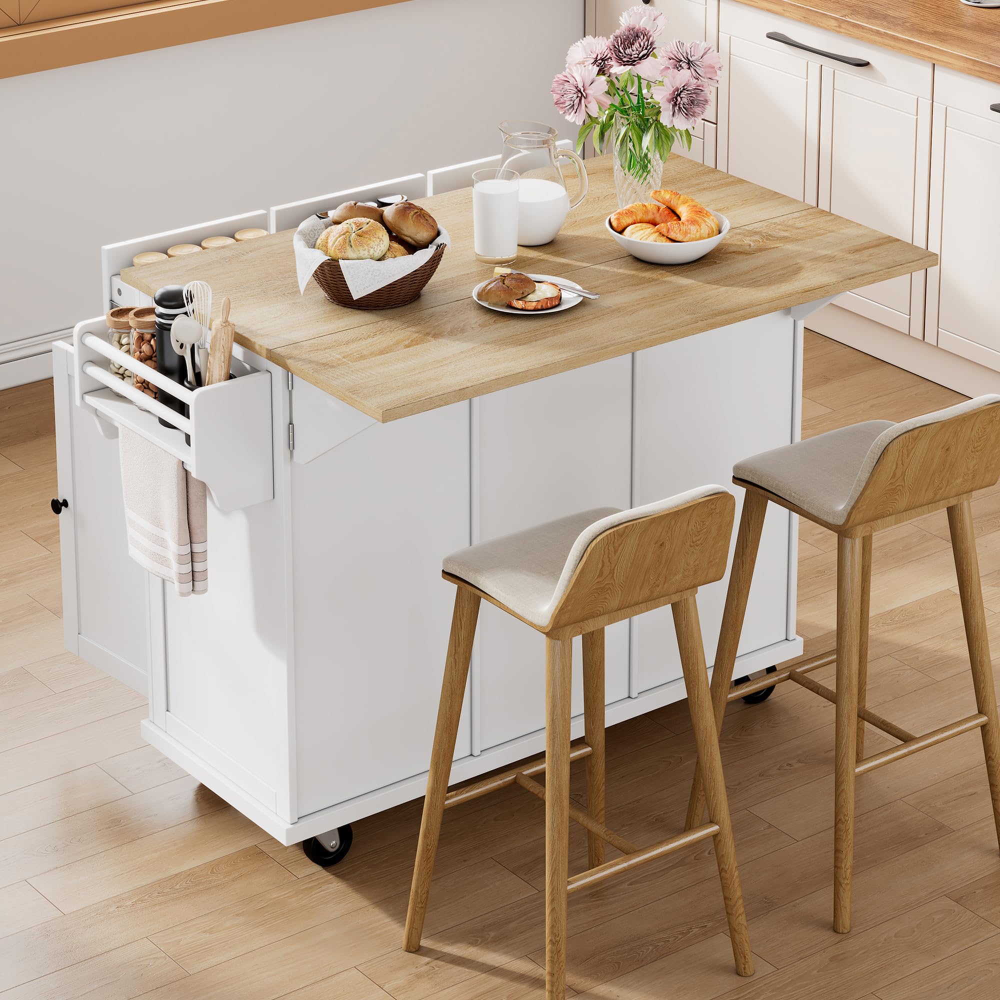 Îlot Central Cuisine sur roulettes, Meuble Cuisine avec Plan de Travail, Meuble Poubelle, Coin Repas Extensible, Tiroirs pour Cuisine et Salle à Manger, Blanc