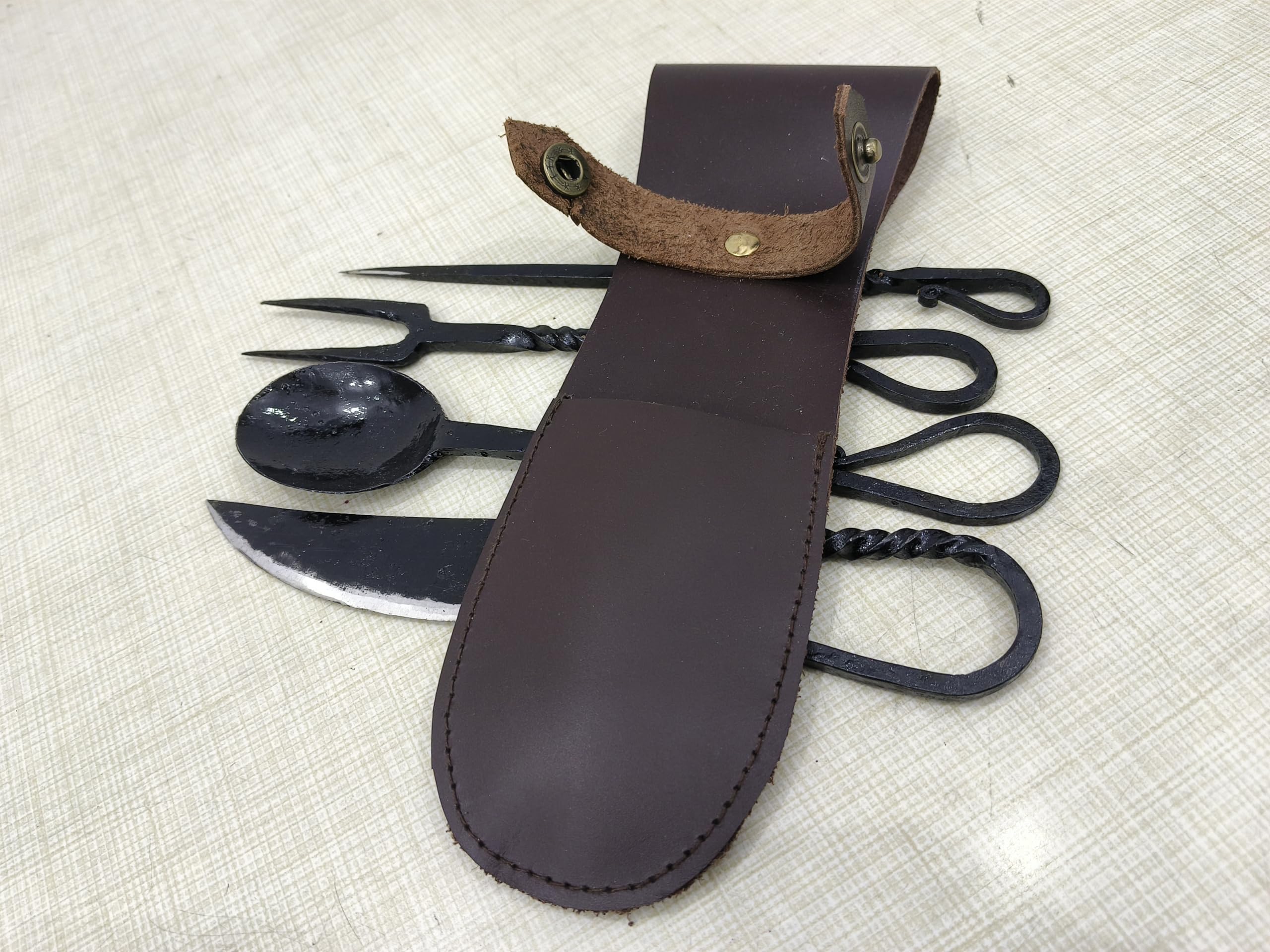 Generic Hand Forged Medieval Eating Utensil Set Twisted Design Handmade Fully Functional Fork Knife Spoon And Food Stick Medieval Cutlery Set, With Leather Carrying Pouch Unisex Gift (Pack of 4)