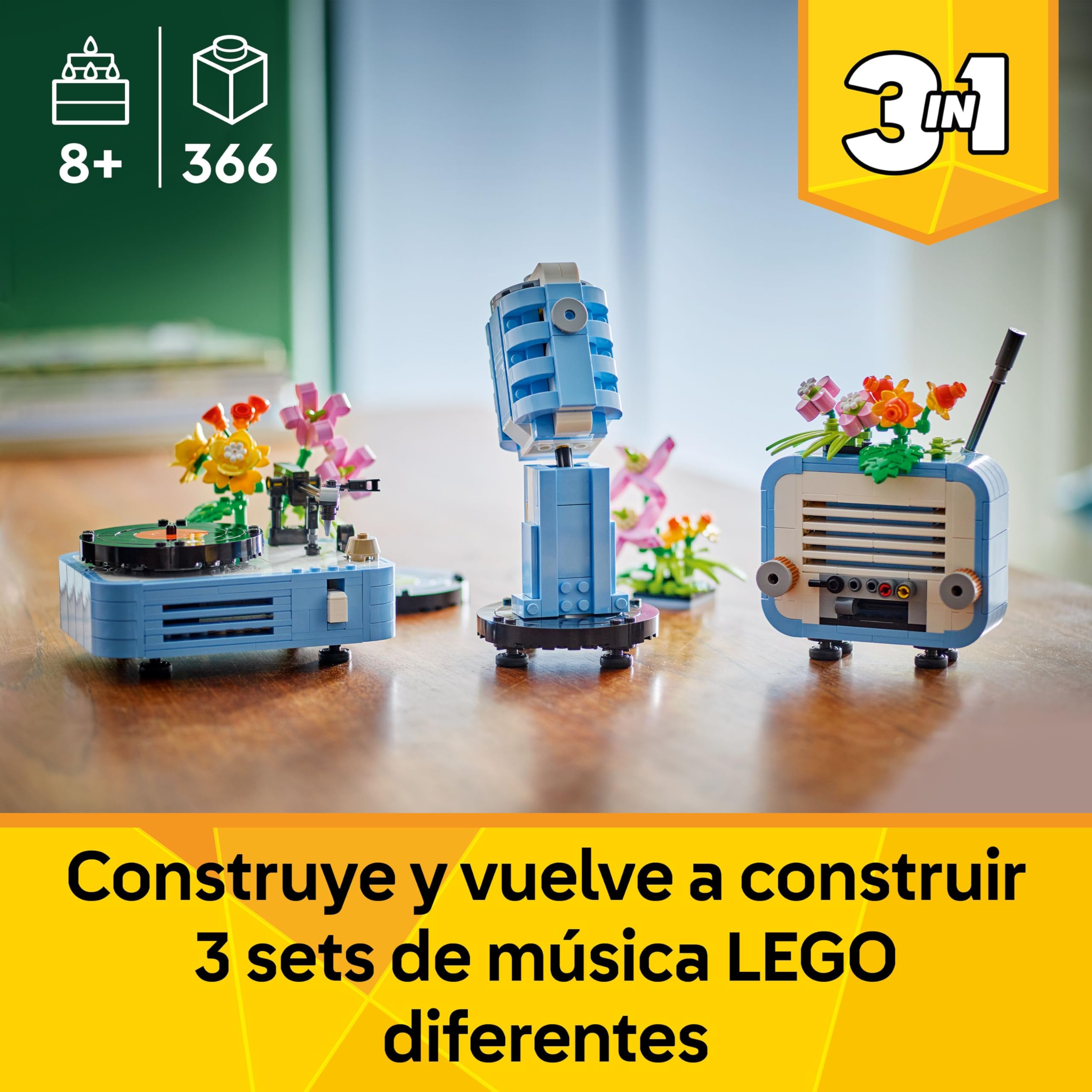 LEGO Creator 3 en 1 Tocadiscos con Flores Vintage, Set de Construcción Musical Convertible en Radio Retro o Micrófono de Juguete, Juguetes Musicales para Niñas y Niños de 8+ Años 31172