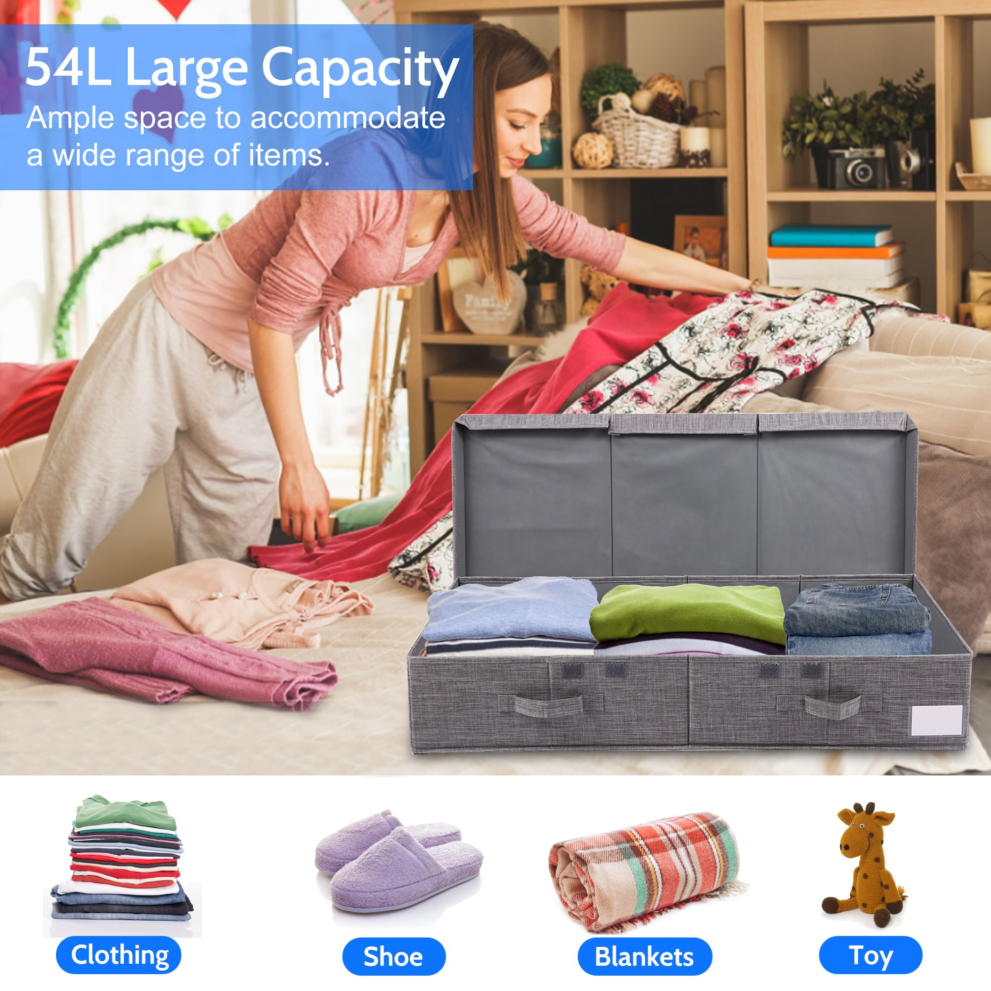 Kavolet 2 scatole portaoggetti sotto letto con coperchio, cassettiera pieghevole per armadio, coperta, vestiti, scarpe, giocattoli, tessuto, contenitore con 4 manici (grigio)