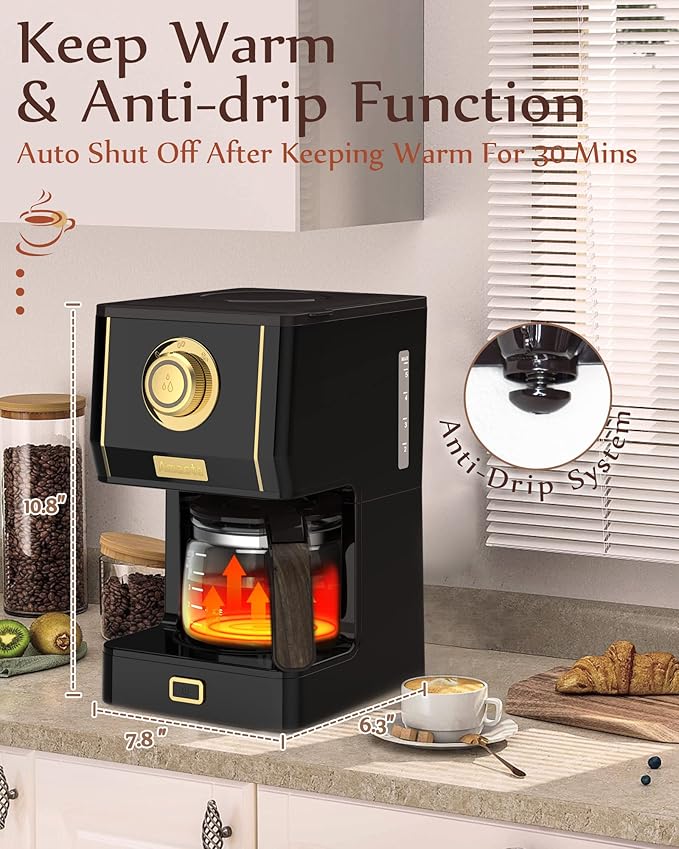 Introducing the AMASTE Retro Style Coffee Machine with Glass Carafe, a perfect addition to any kitchen, living room, or office. Available in four colors - Arabica Black, Carola Red, Elegant White with Rose Gold, and Matcha Green - this coffee maker adds a touch of class to any space. With its compact size of 6.3''*7.8''*10.8'', it can be easily carried to any location.