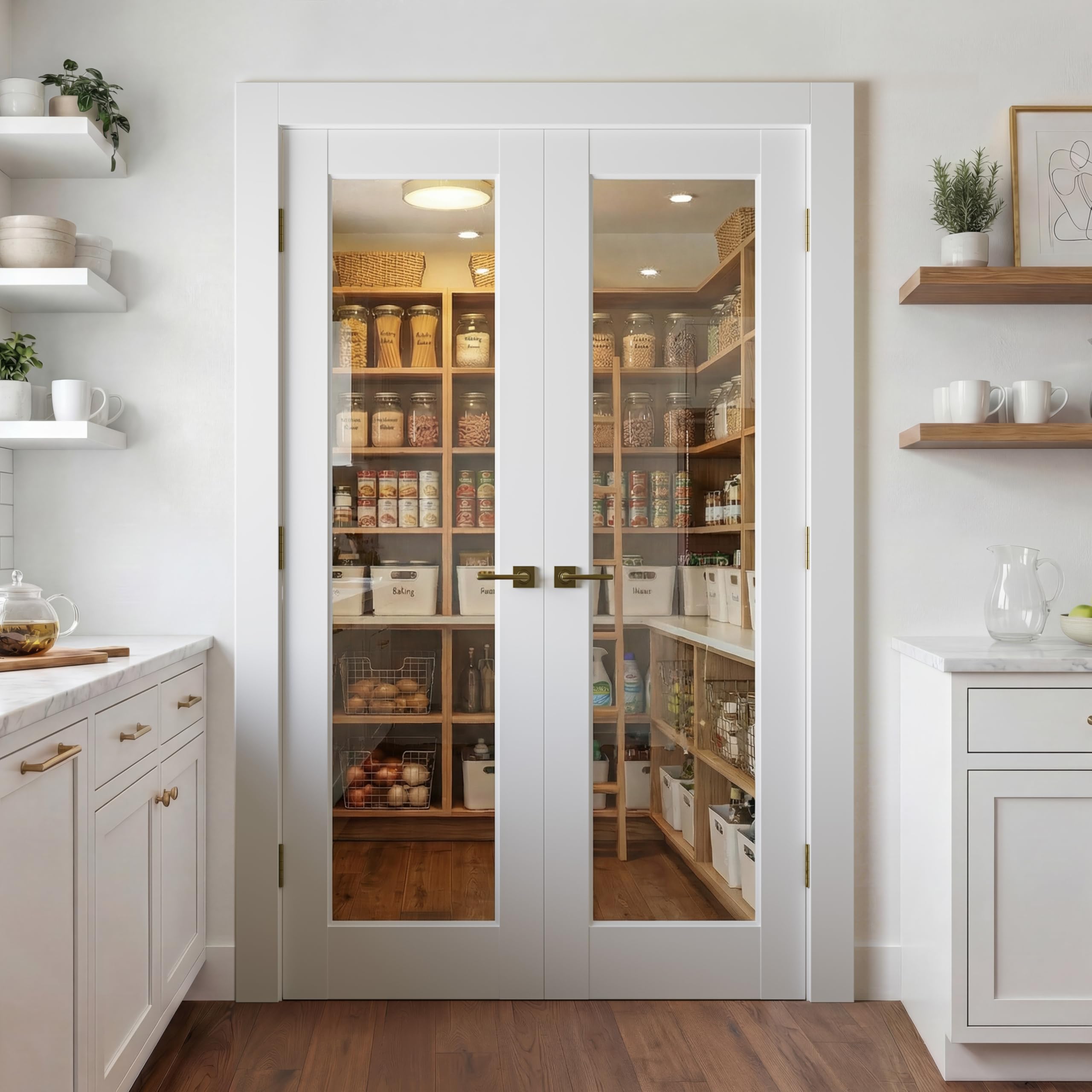 Photo 1 of SMARTSTANDARD 48" x 80" Interior Glass Door, Solid Core Clear Glass Pantry Doors, Pre-Assembled Slab Door for Bedroom French Pocket Laundry Bathroom, White Primed, Without Hardware Kit