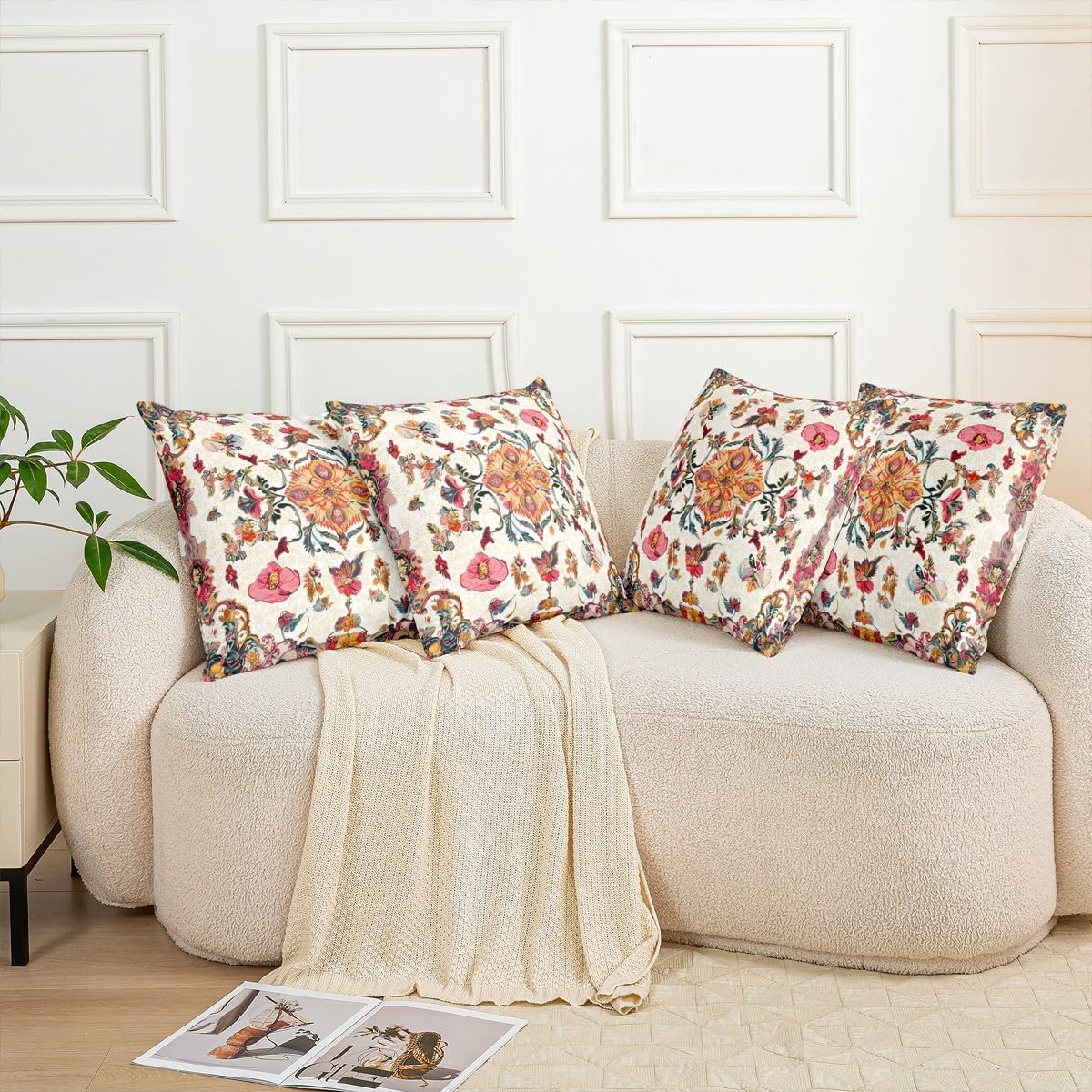 Pack of 4 Exotic Floral Throw Pillow Covers 18x18, Boho Pillow Covers, Bohemian Floral Exotic Tribal Cushion Covers, Abstract Gold Red Flowers Botanical Plant Cushion Cases for Girls