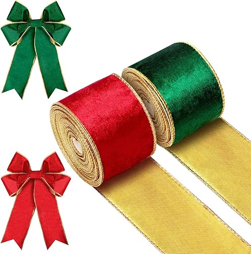 2 rollos de cinta de terciopelo navideño con borde con cable, cinta para envolver, cinta de tela para hacer lazos de Navidad, decoración de arreglos