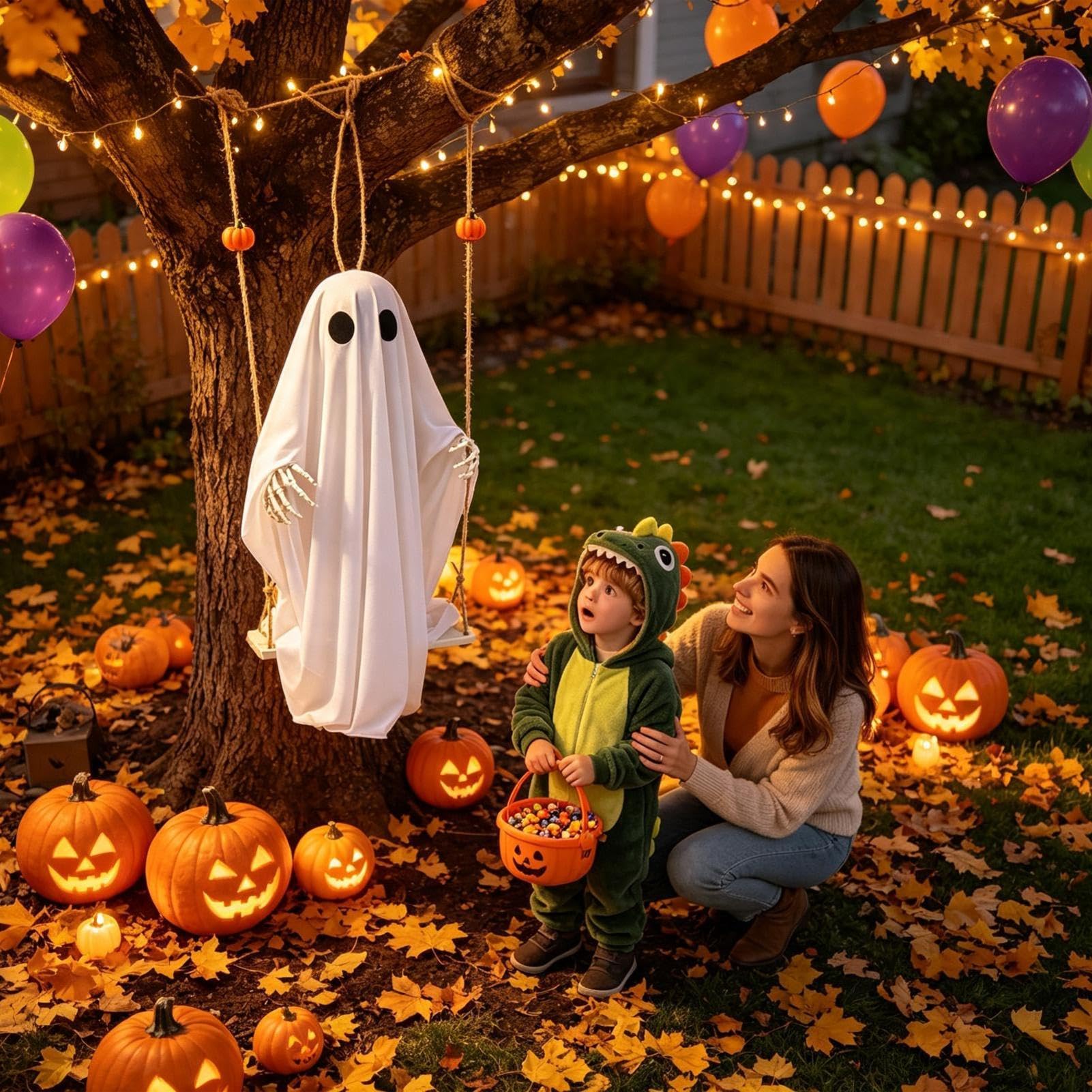 Halloween duch dekoracja na zewnątrz świecąca huśtawka duch