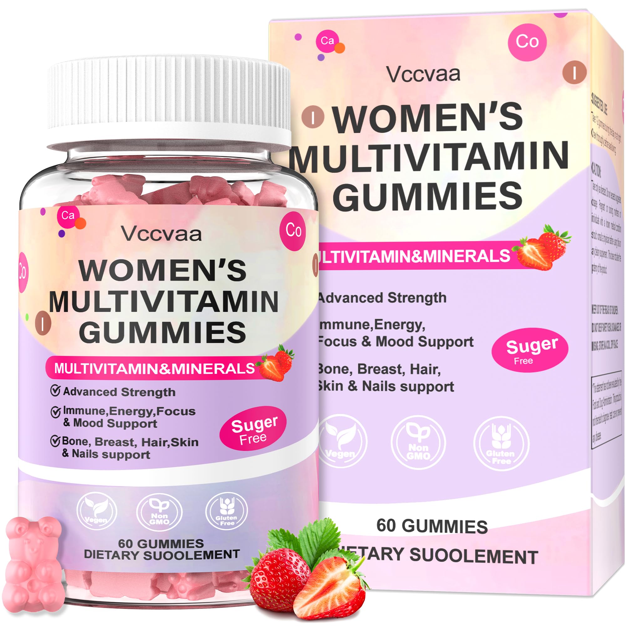 Sugar Free Multivitamin Gummies for Women 14+ with Iron, Inositol, Folate, Vitamins A C D3 E B12 K2, Herbal & Mineral Blend, Daily Vegan Gummy for Hair, Skin, Energy, Immune Support – 60 Count
