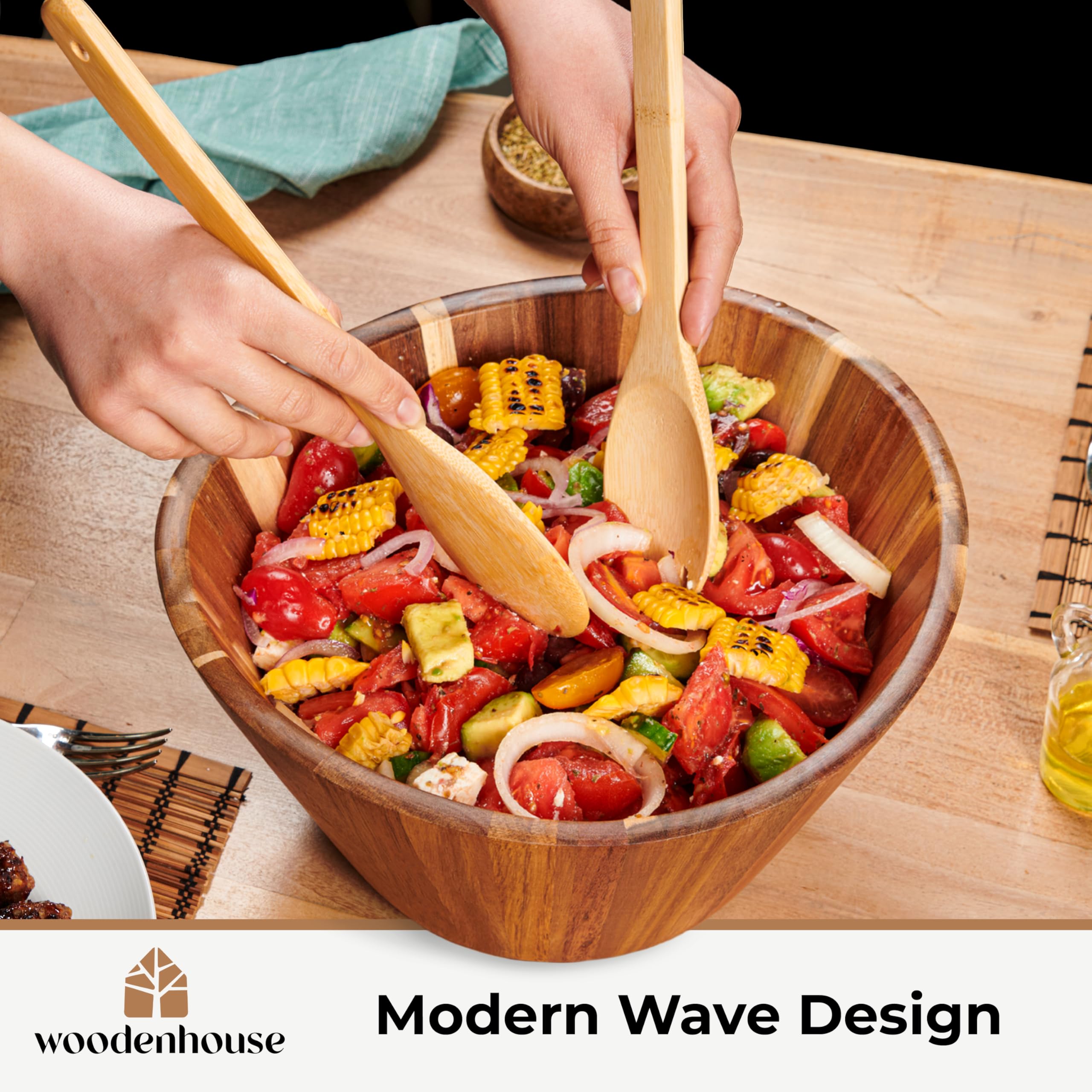 Woodenhouse - Ensaladera de madera, cuenco de fruta, grande y ondulado de 12 pulgadas para servir, hecho a mano, duradero y elegante, accesorio de comedor de madera natural 5