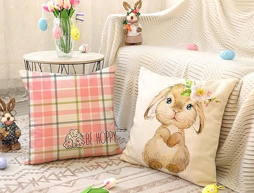 Miniatura 4 de 4TH Emotion TH188 - Juego de 4 fundas de almohada de Pascua de 18 x 18 pulgadas, diseño de conejito con texto en inglés Be Kind Rabbit, color rosa,