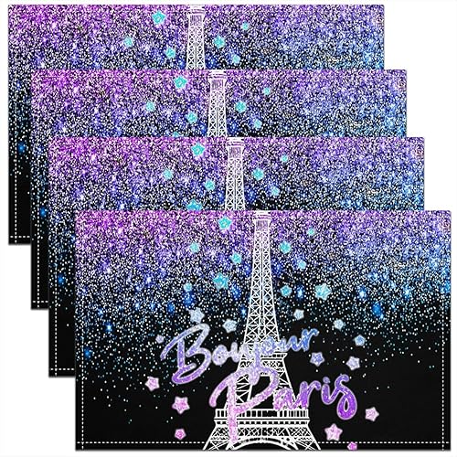 Juego de 4 manteles individuales de torre Eiffel para mesa de comedor, con purpurina, para niños, decoración de cocina, cena, decoración de