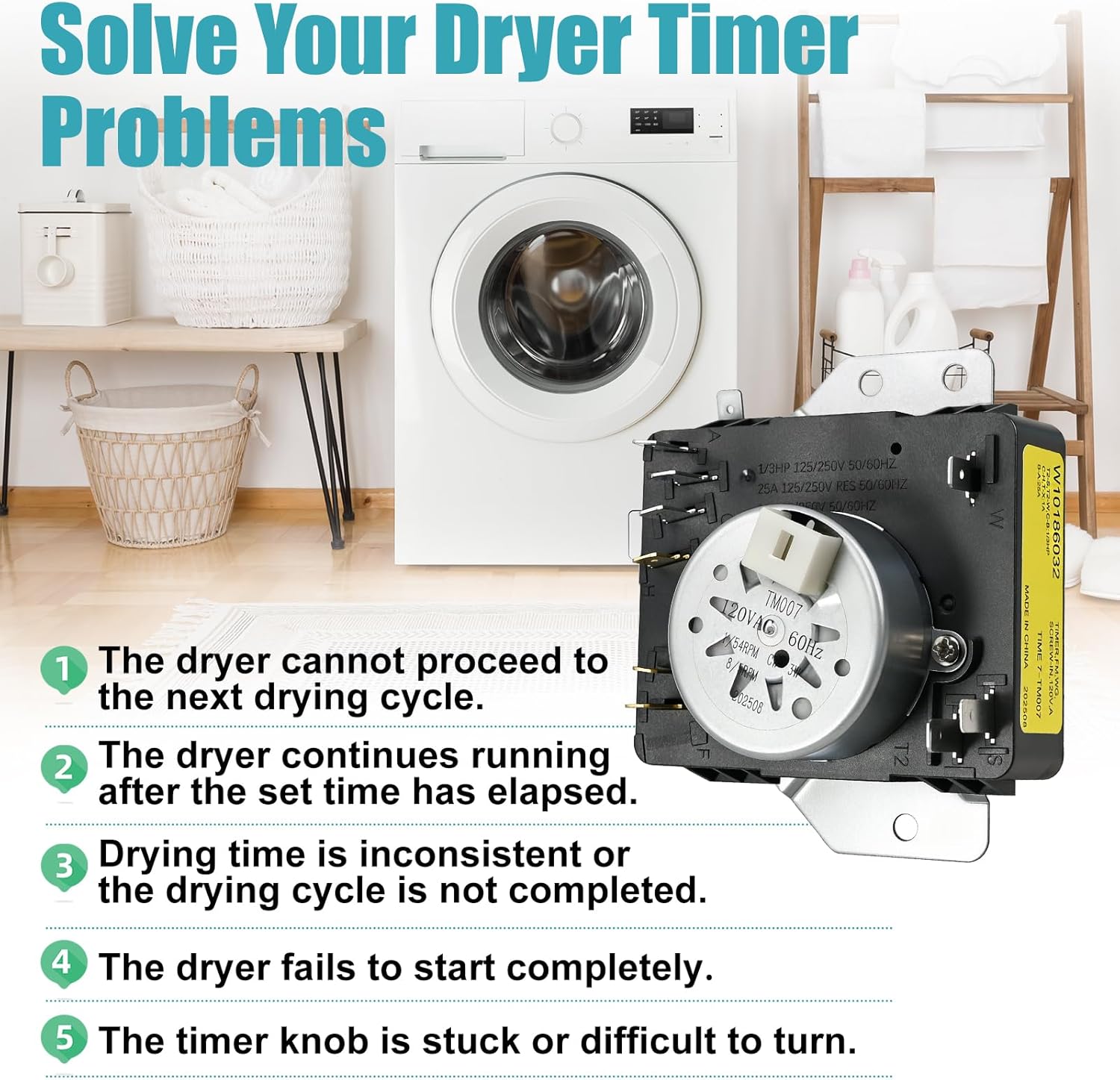 W10186032 Dryer Timer Compatible with Kenmore Dryer, Replaces Part WPW10186032, WPW10186032VP, 2116926, PS3500198, EAP3500198, PD00026836, 162-412-1