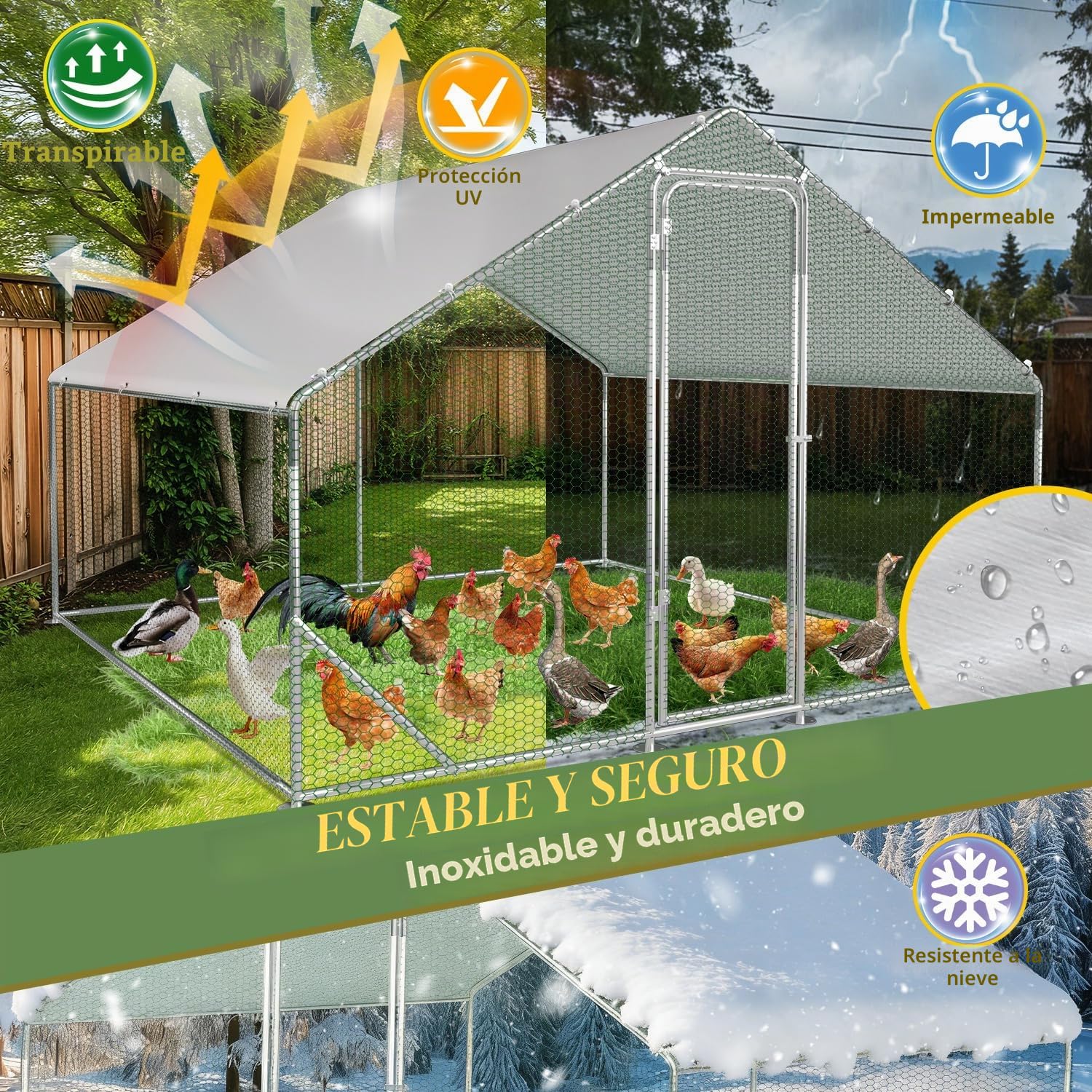 Sonnewelt Recinto para gallineros de acero galvanizado, gallinero, caseta para animales pequeños, gallinero, techo, gallinero, con toldo y puerta para mascotas, jaula de pollos, jaula de pájaros,