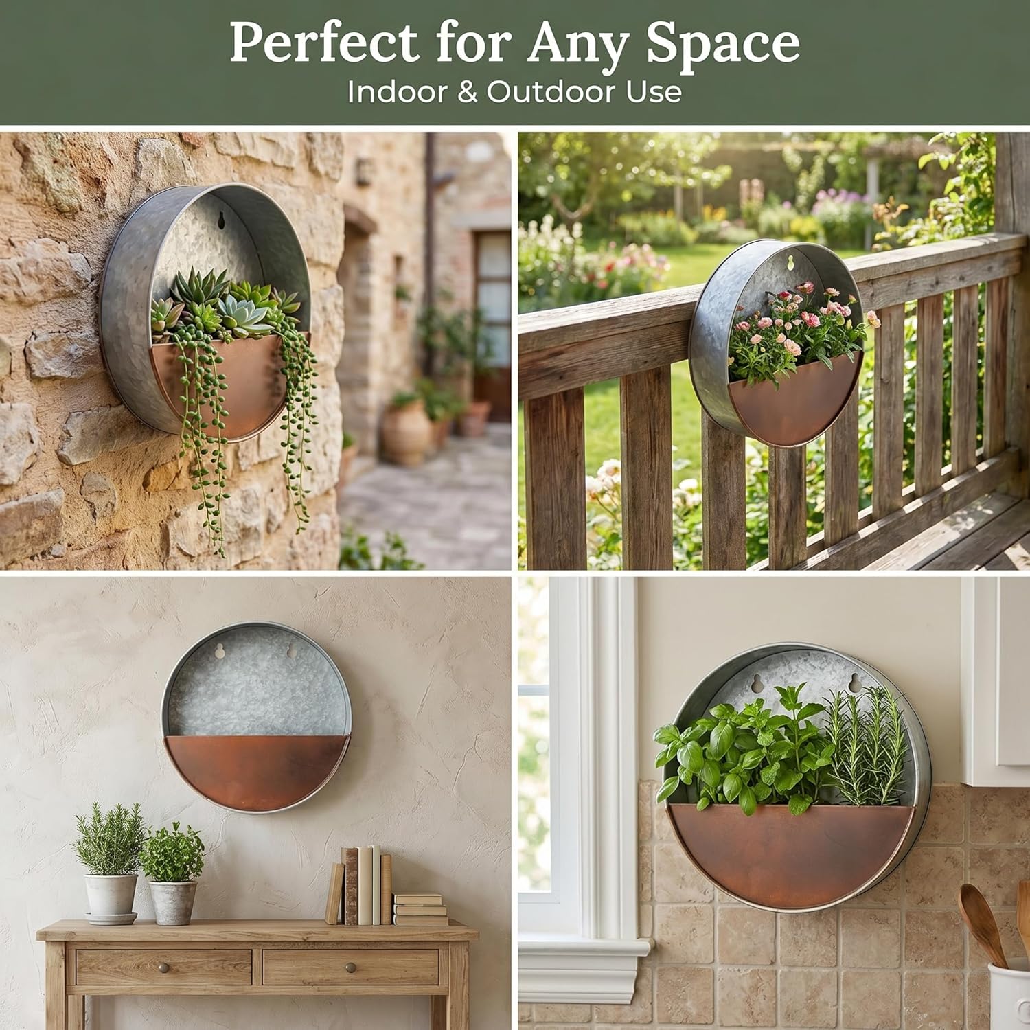 Topadorn Hanging Planter Flower Pot Galvanized Metal Container Wall Pocket Garden Bucket Metal Pot for Indoor or Outdoor Balcony Patio, Round 12" H